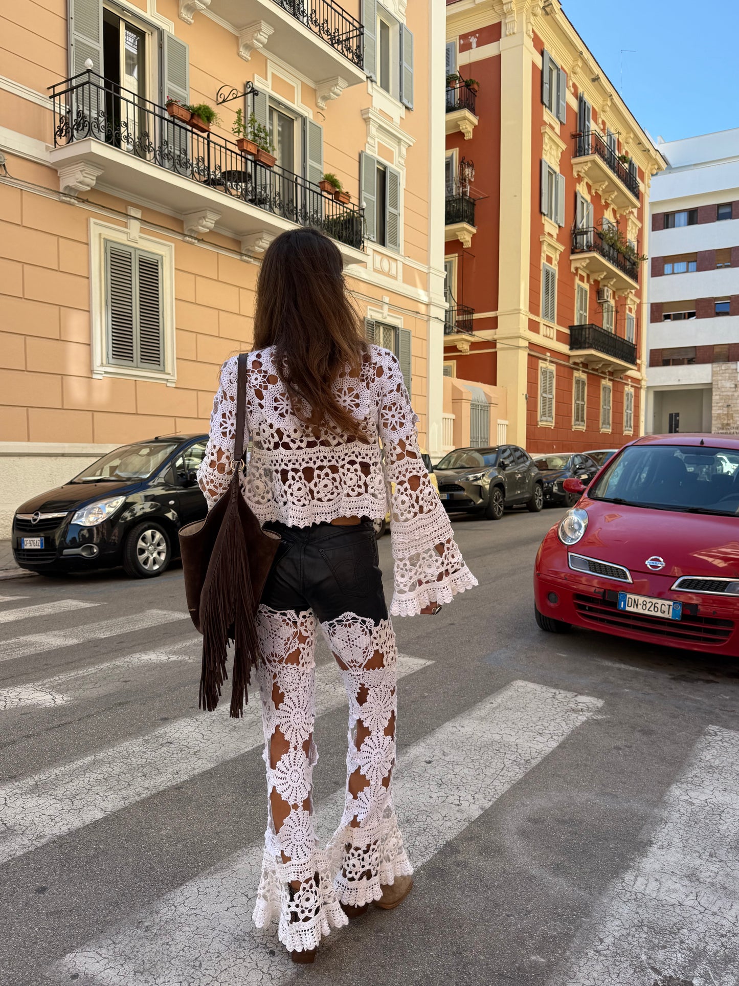 Leather and crochet trousers