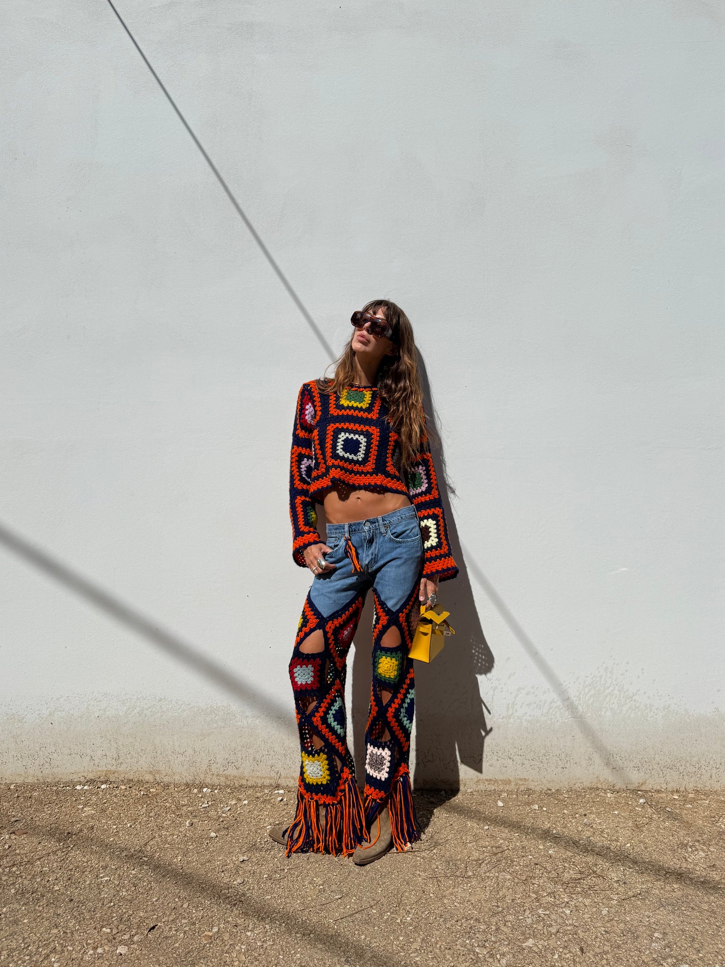 Multicolour denim and crochet trousers