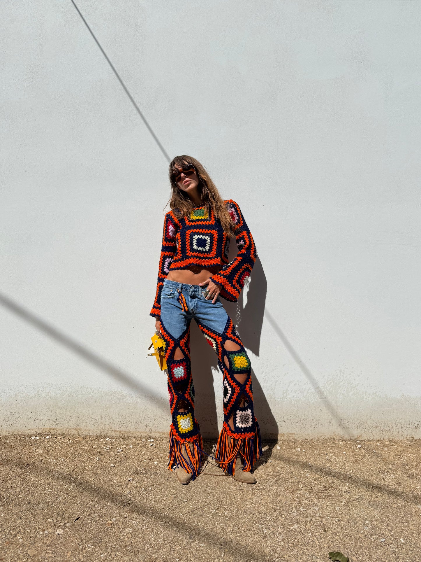 Multicolour crochet top with bell sleeves