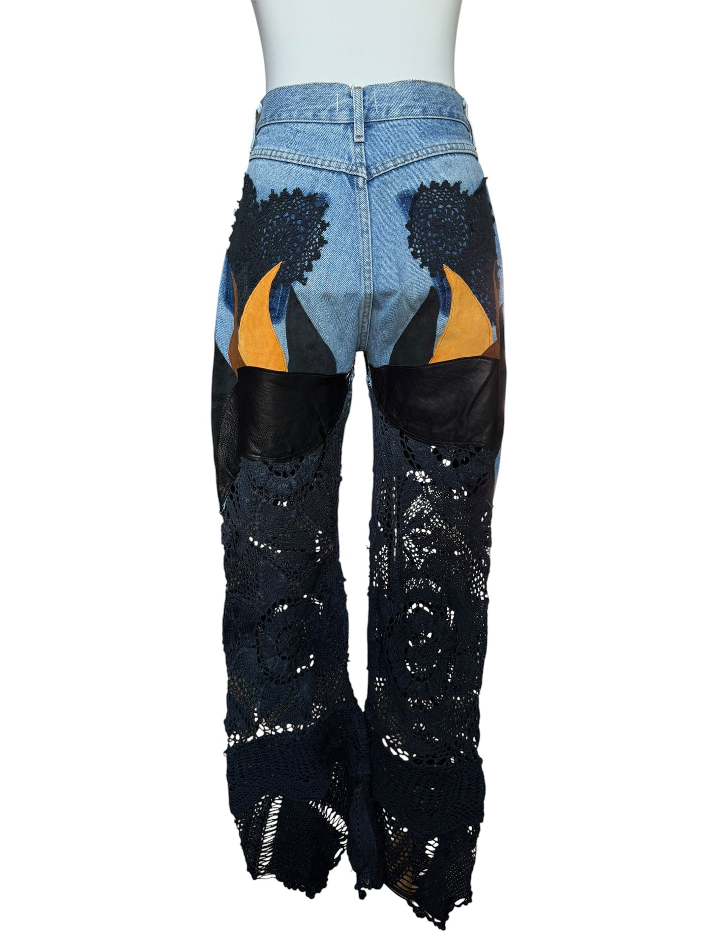 Flare denim in leather and black crochet