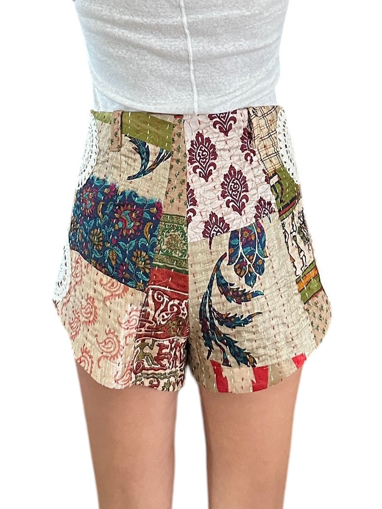 High waisted patchwork and crochet shorts