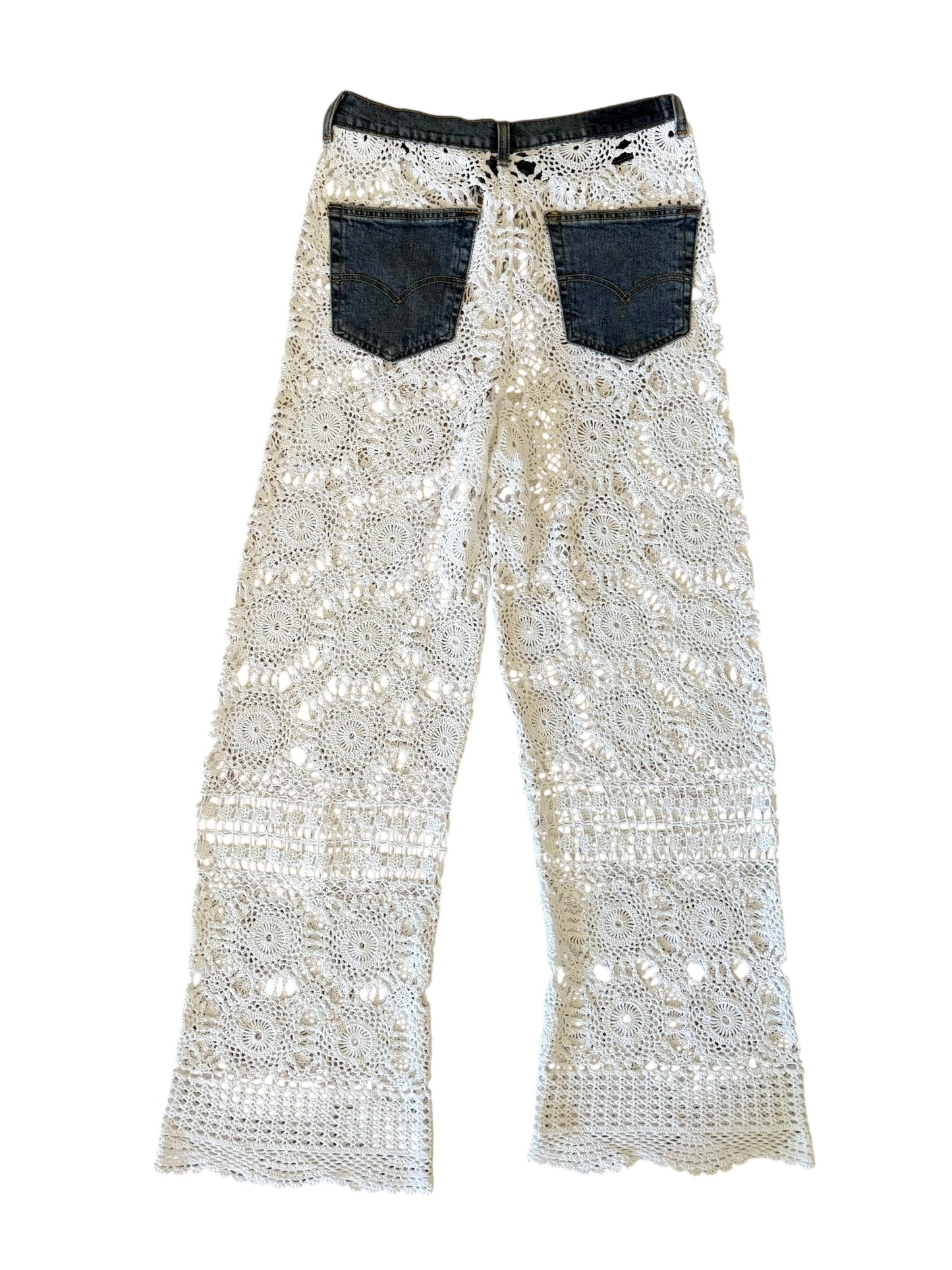 Crochet and denim trousers
