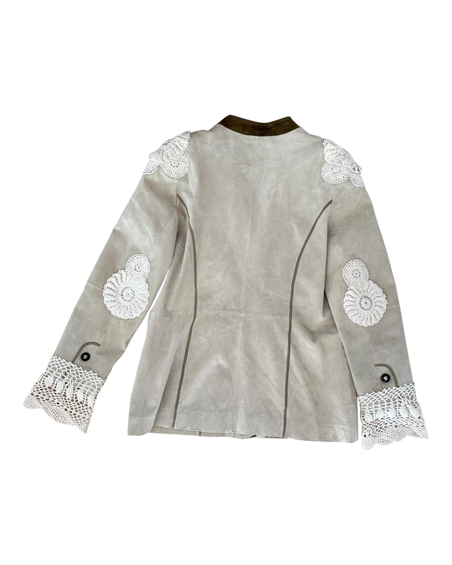Beige suede jacket with crochet appliqués