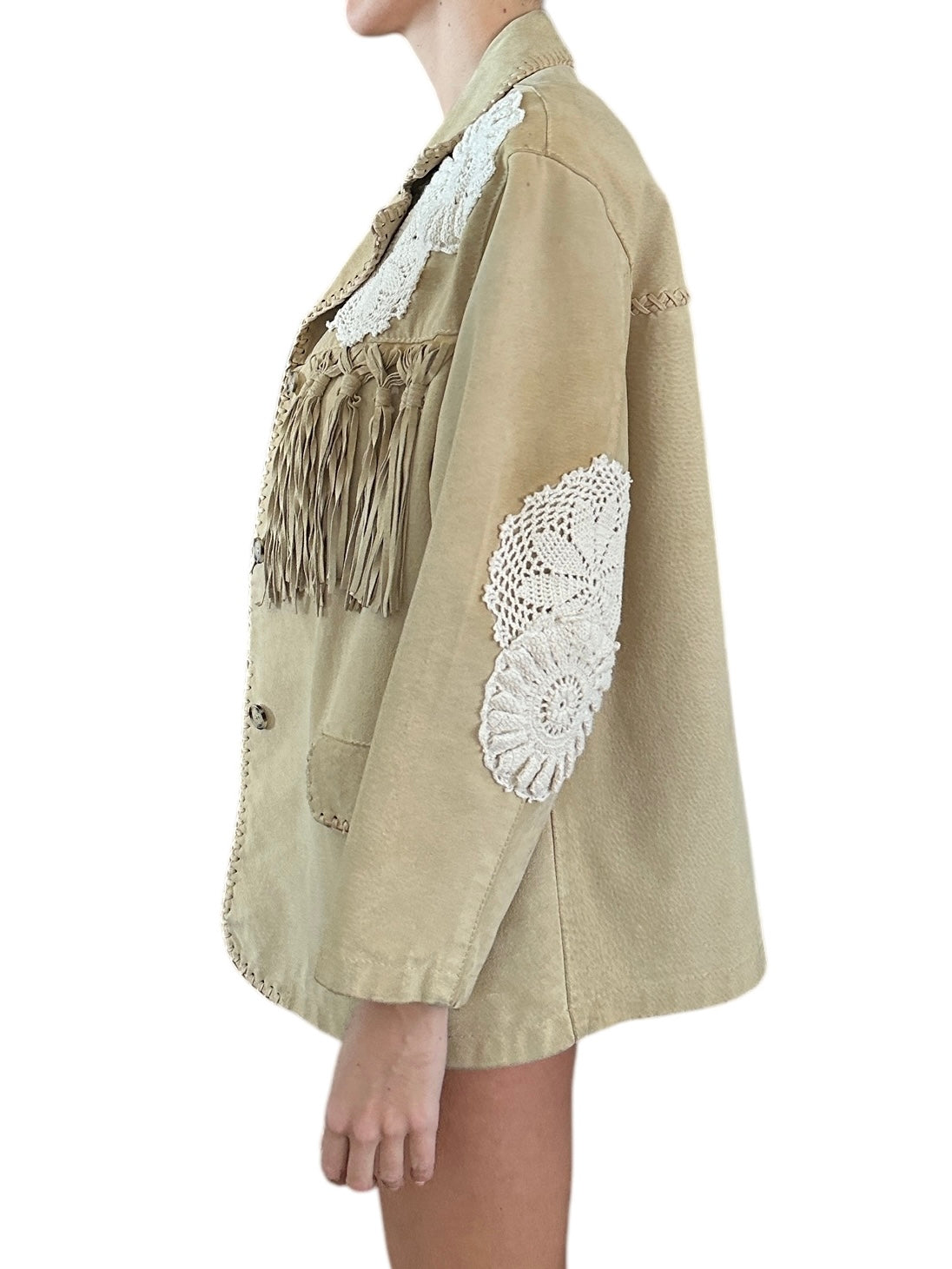 Fringe leather jacket with crochet appliqués