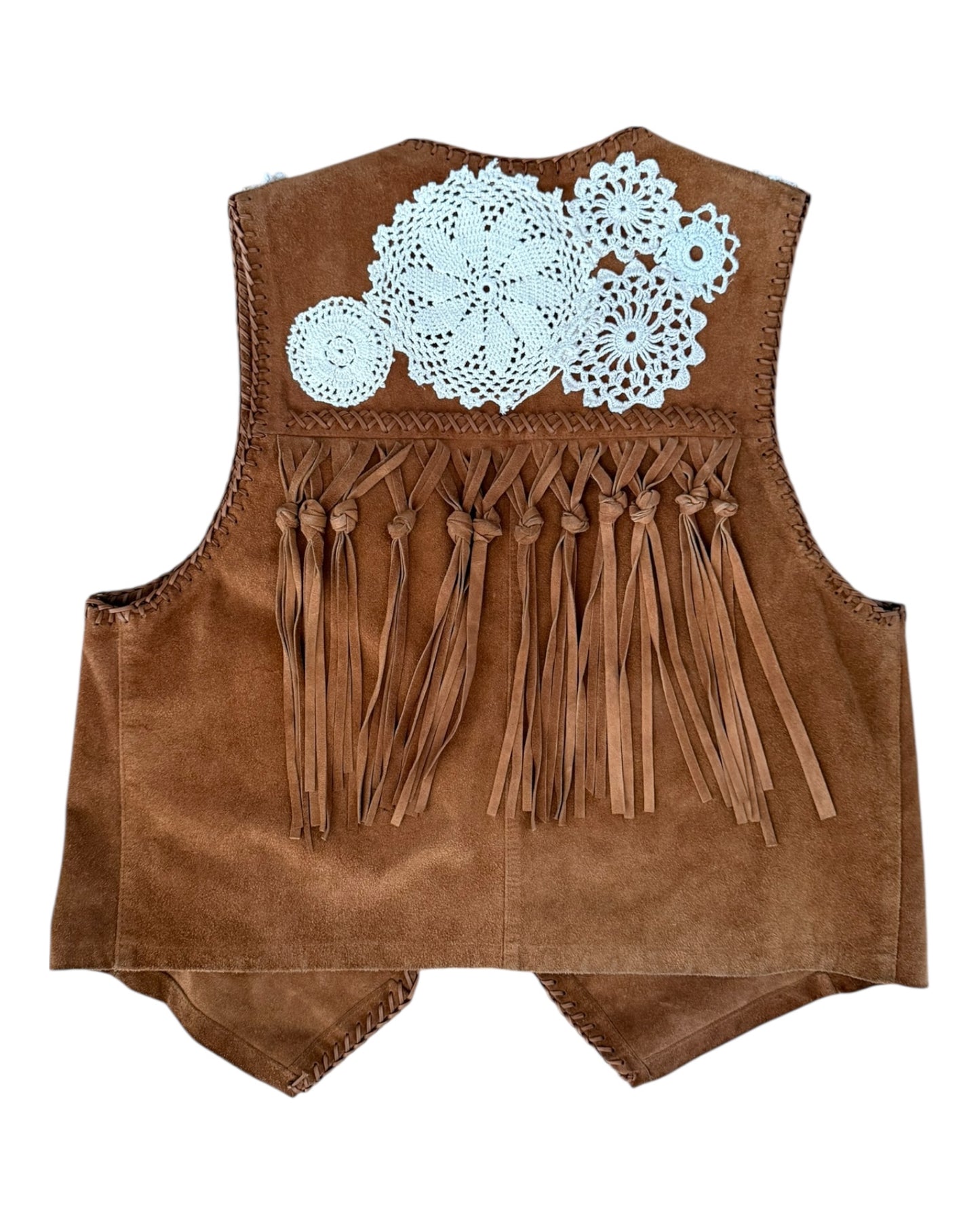 Suede fringe gilet with crochet appliqués