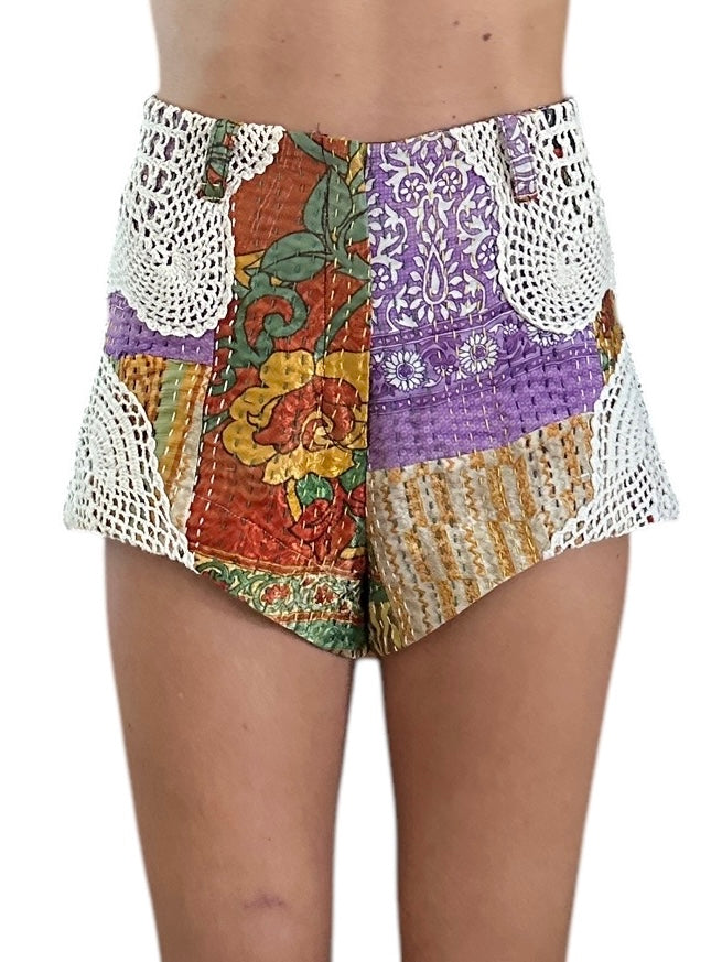 High waisted patchwork and crochet shorts