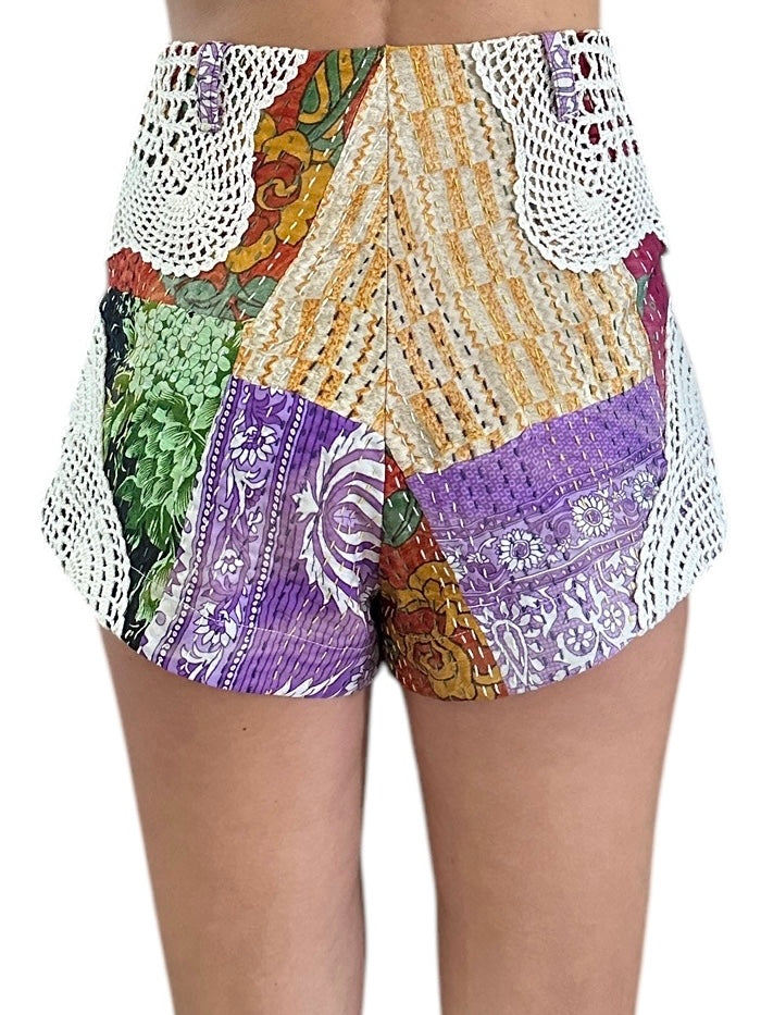 High waisted patchwork and crochet shorts