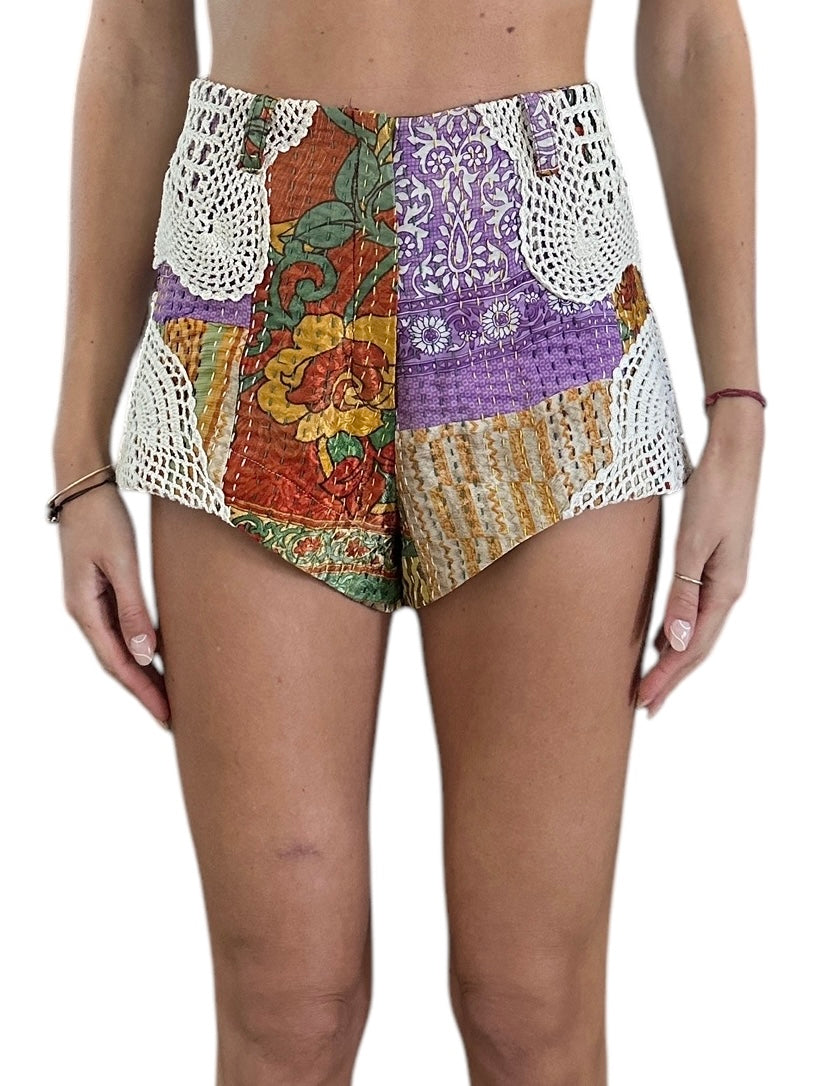 High waisted patchwork and crochet shorts