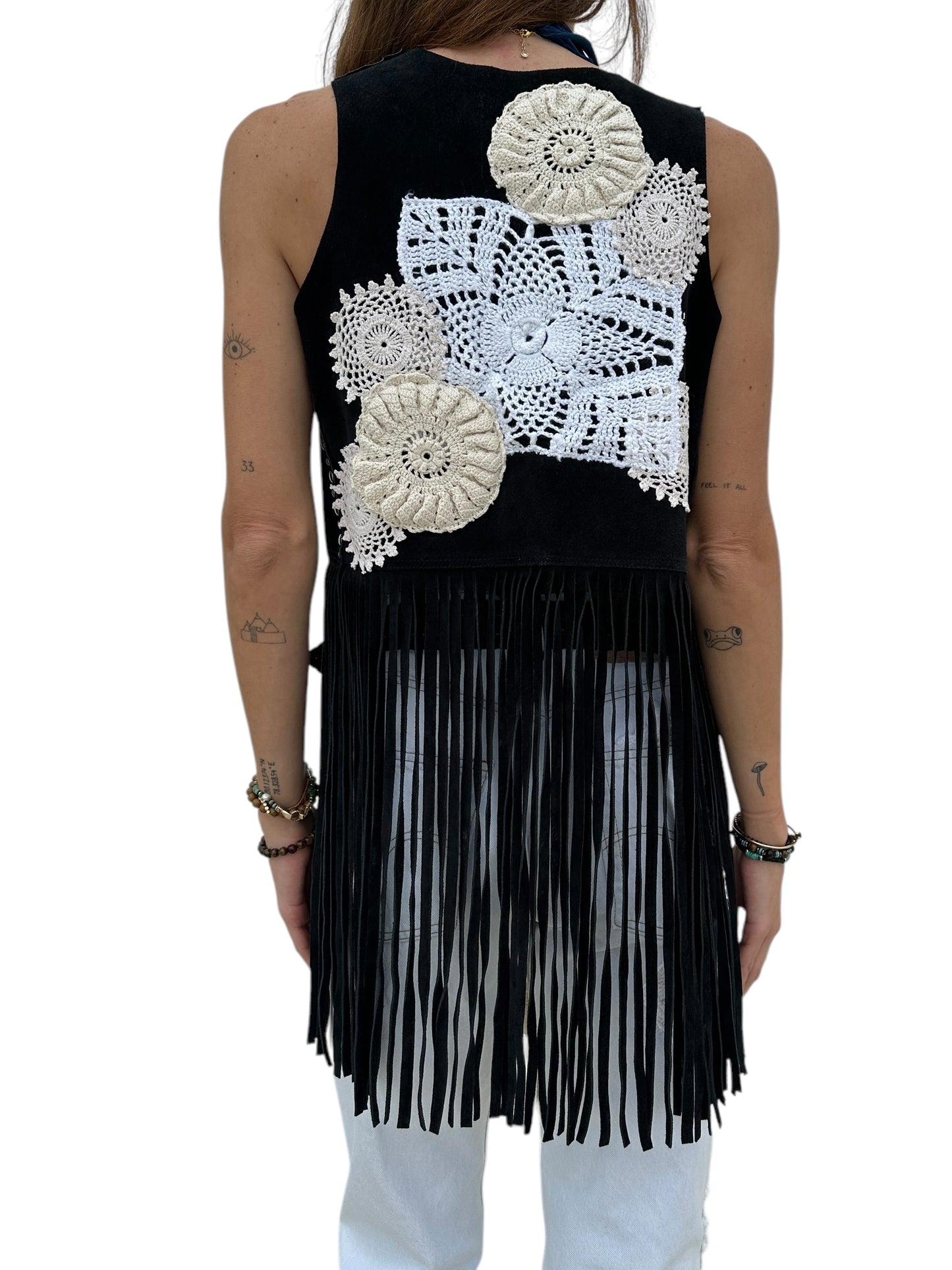 Vintage suede fringe gilet with crochet appliqué