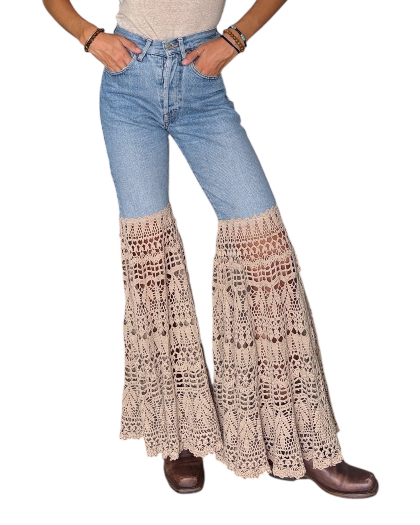 Denim and crochet flare trousers