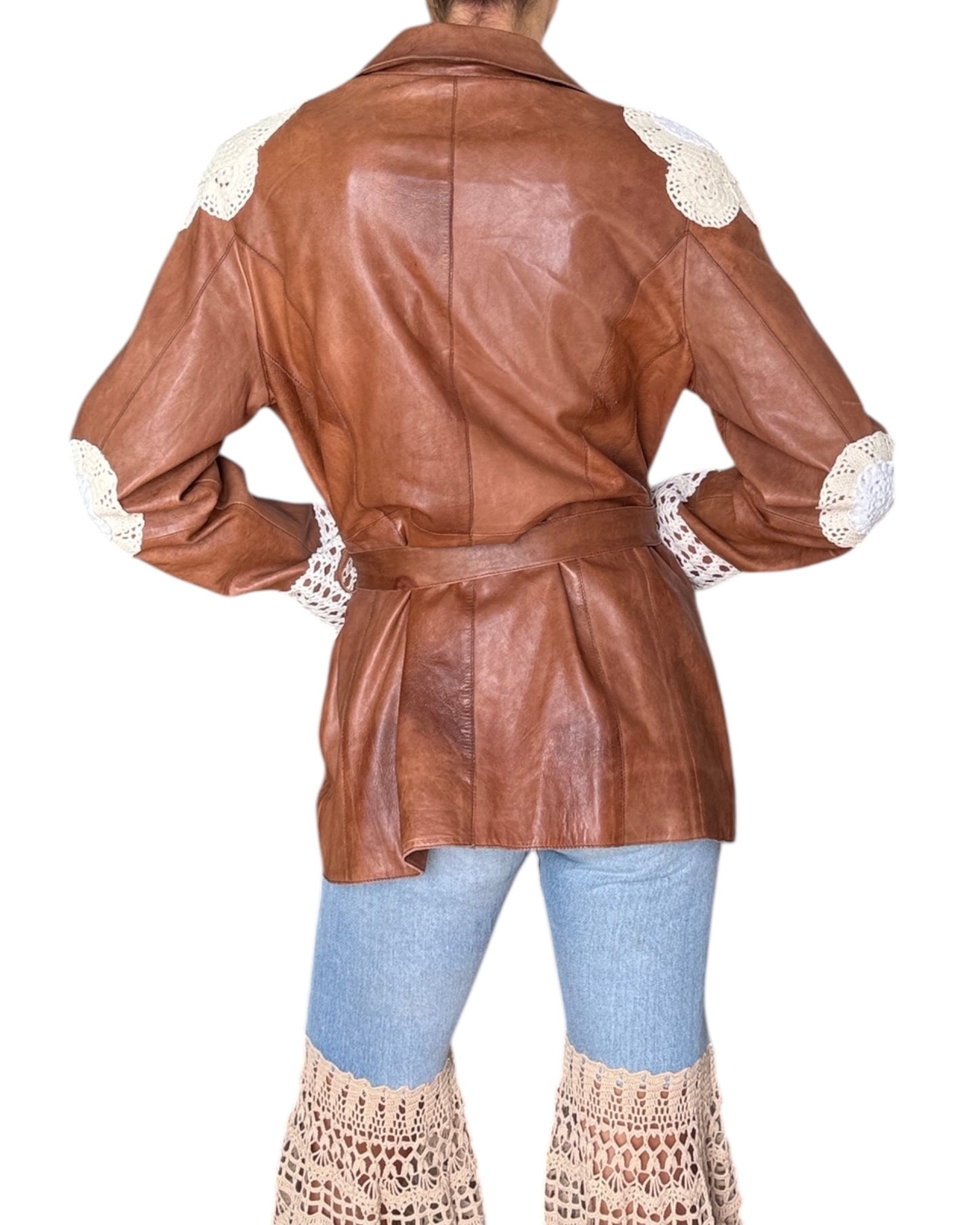 Brown leather blazer with crochet appliqués