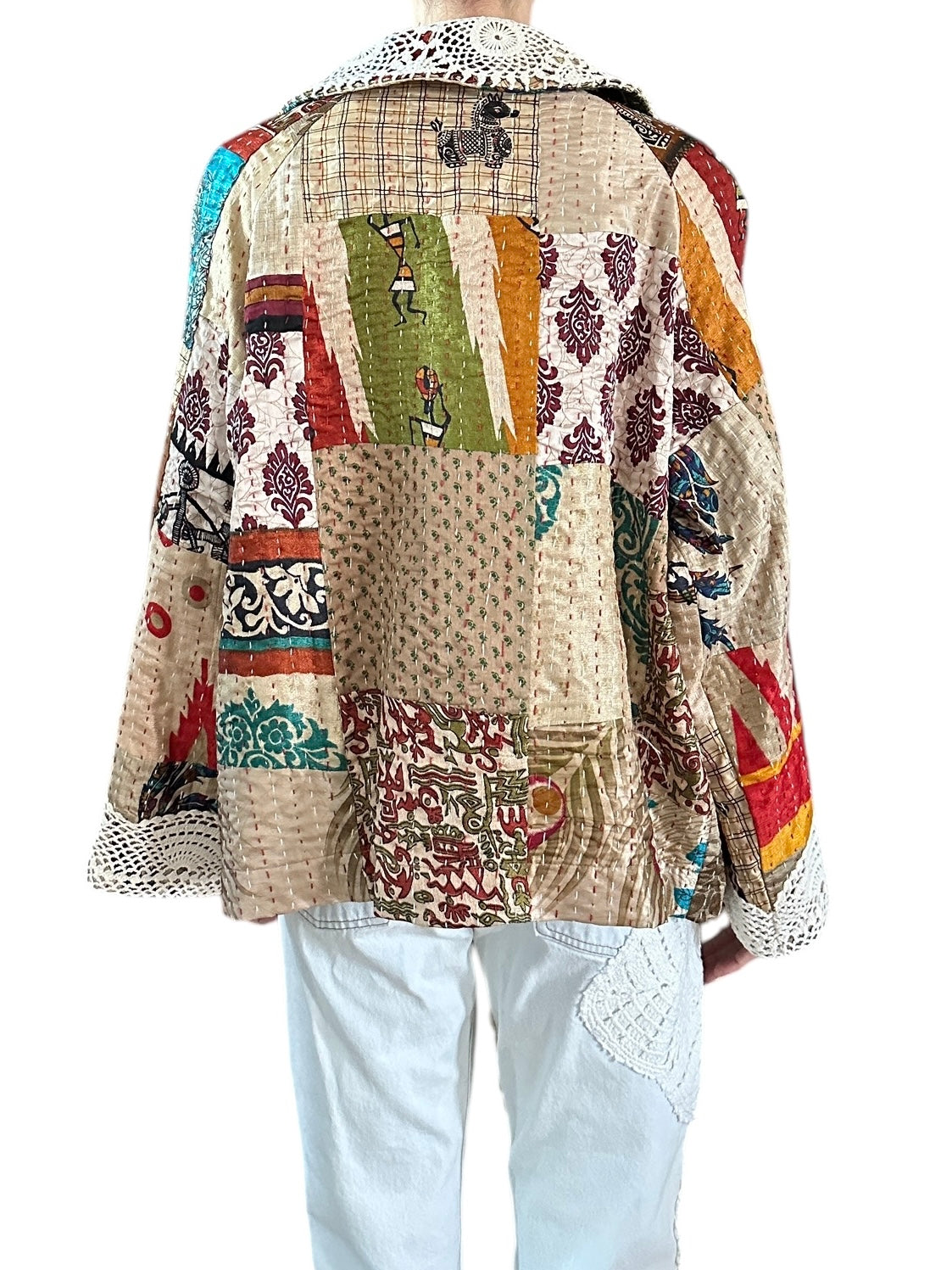 Patchwork jacket with crochet appliqués