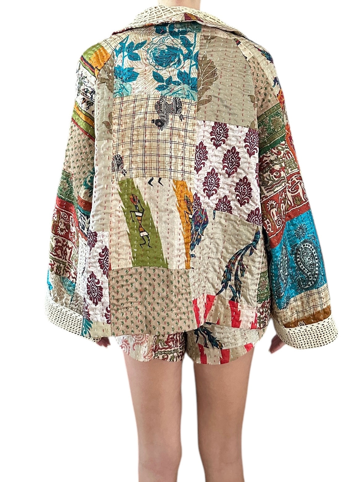 Patchwork jacket with crochet appliqués