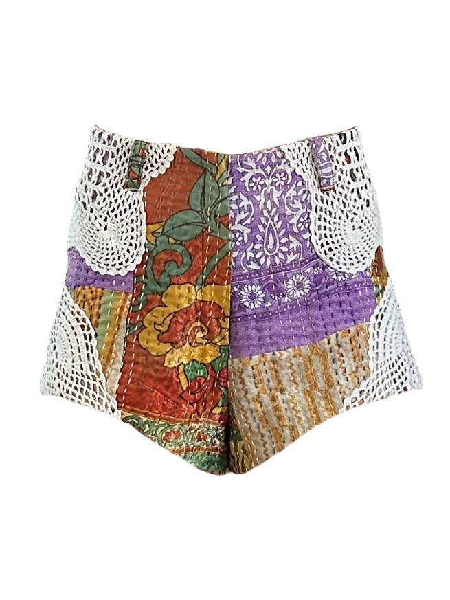 High waisted patchwork and crochet shorts