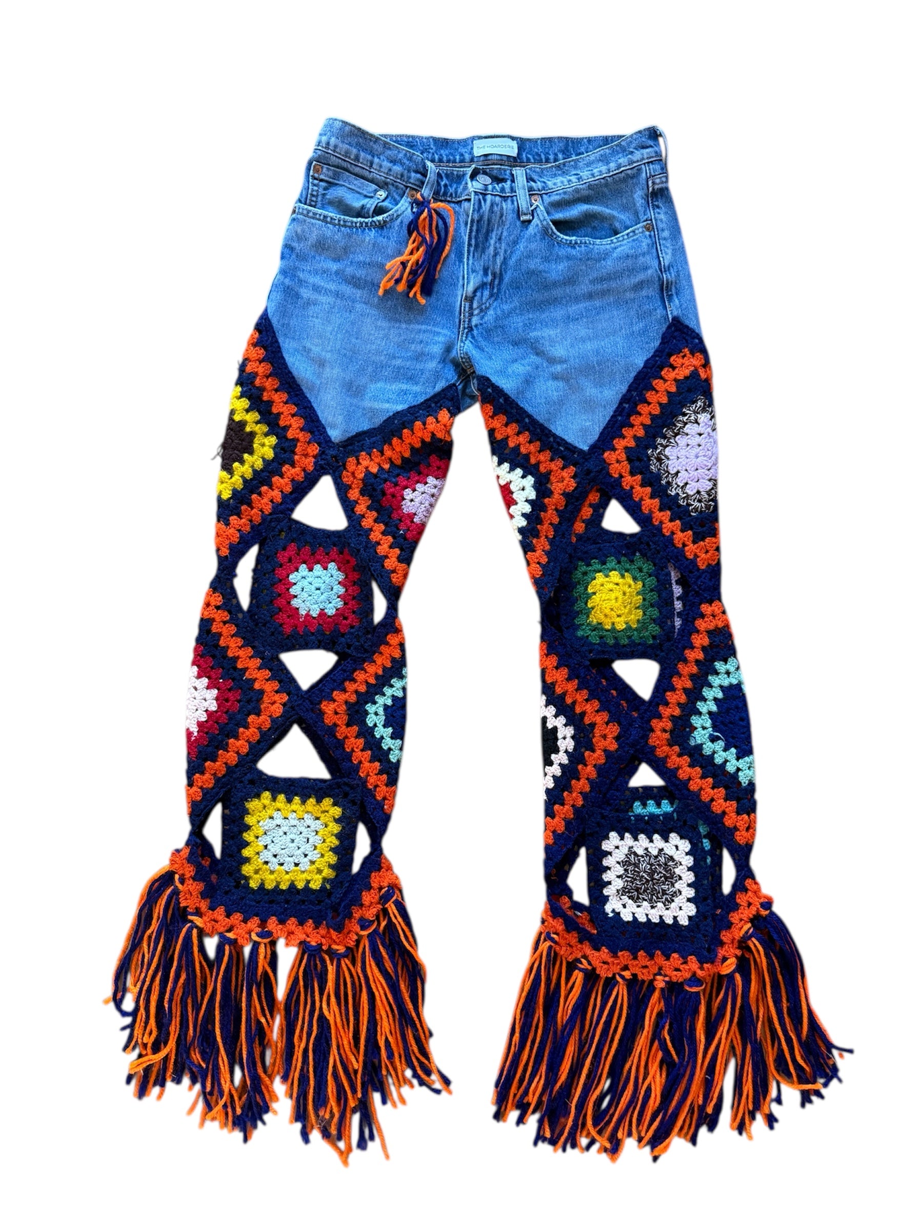 Multicolour denim and crochet trousers