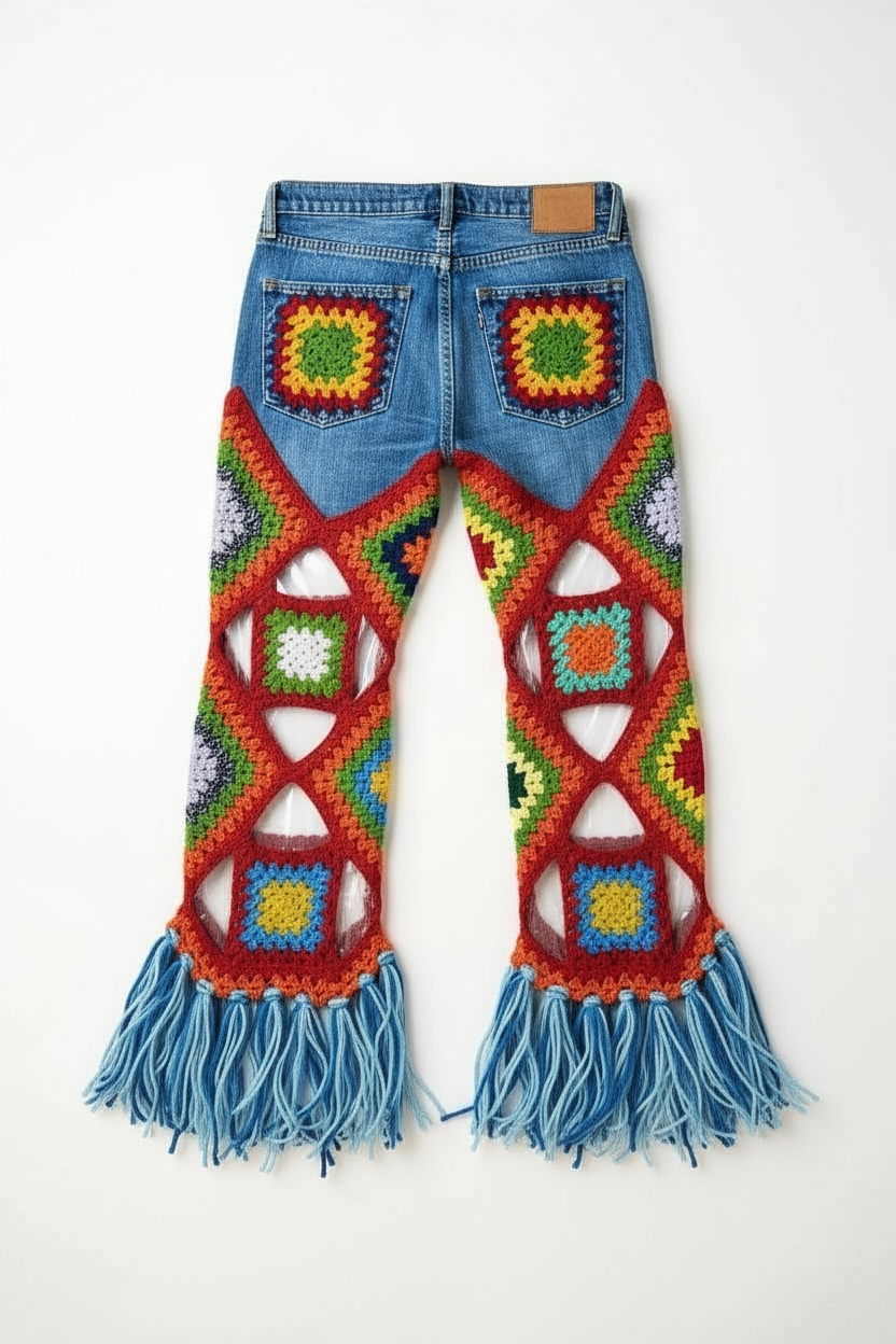 Multicolour denim and crochet trousers