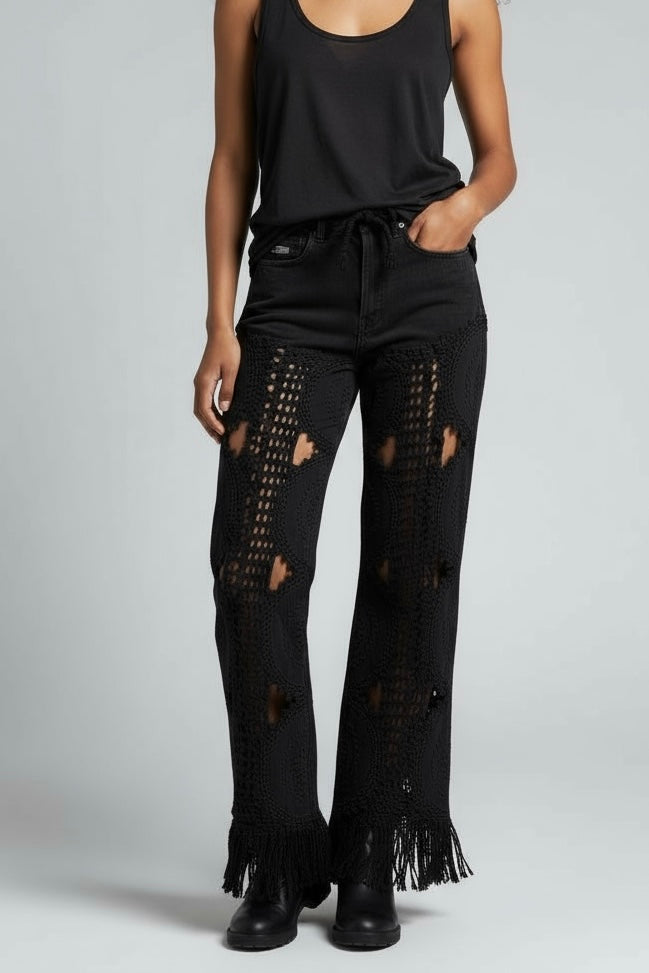 Denim and crochet trousers in black