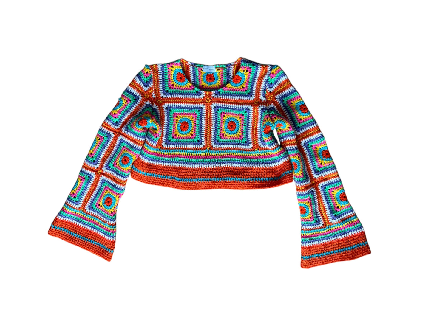 Multicolour crochet top with bell sleeves