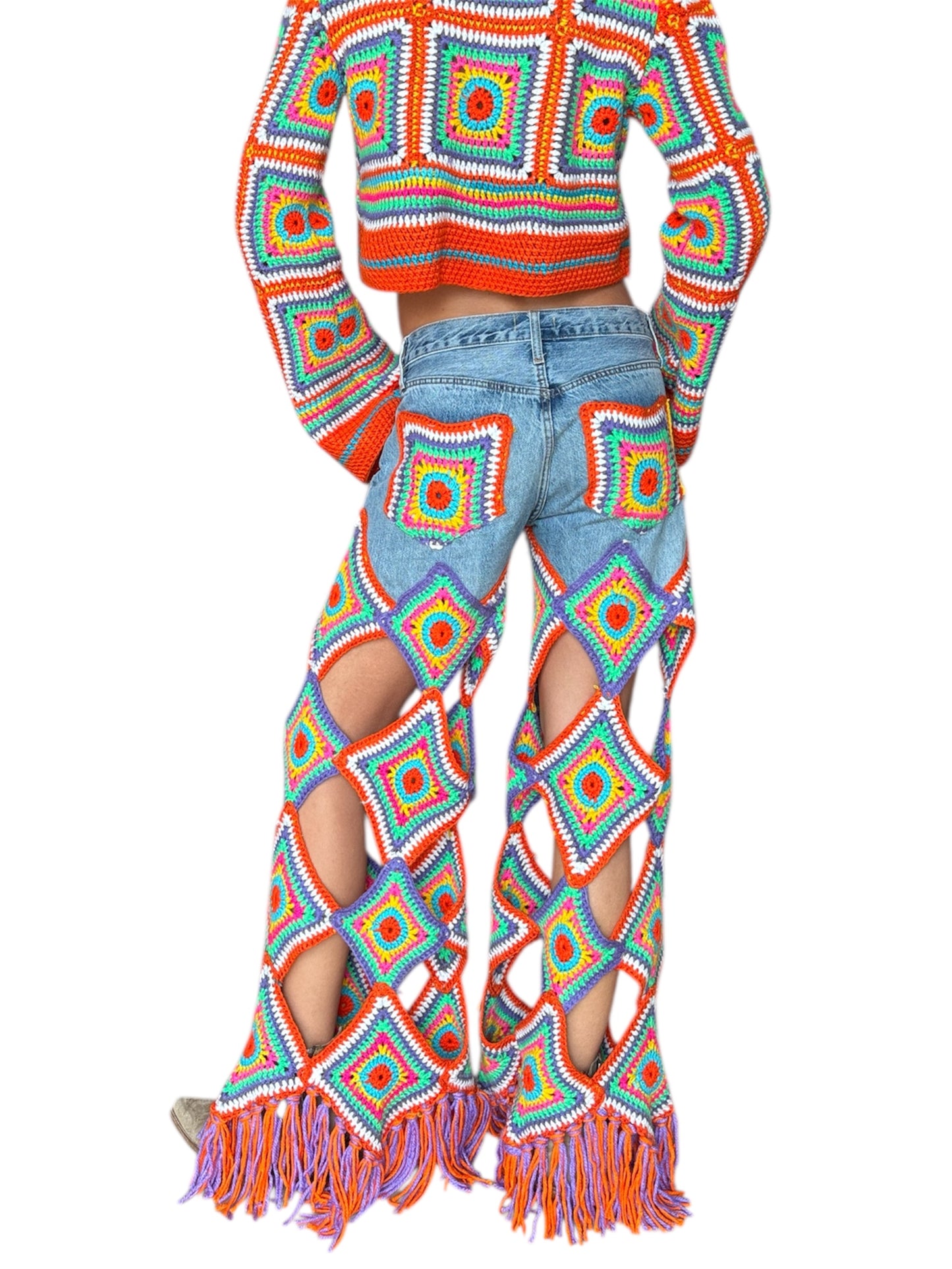 Multicolour denim and crochet trousers