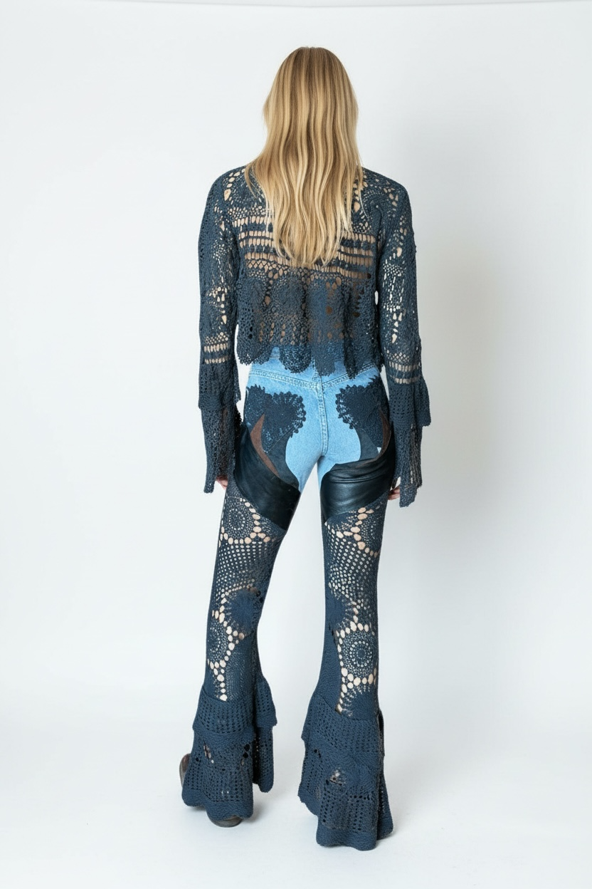 Flare denim in leather and black crochet