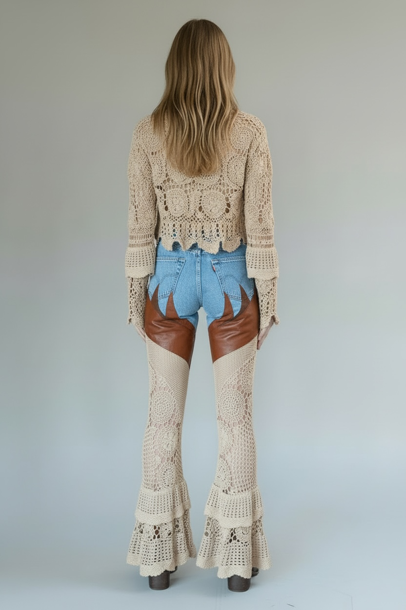 Flare denim in leather and crochet