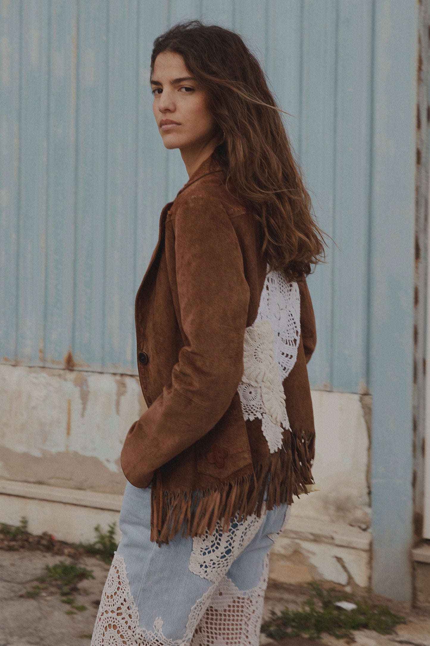 Vintage suede blazer with crochet appliqué