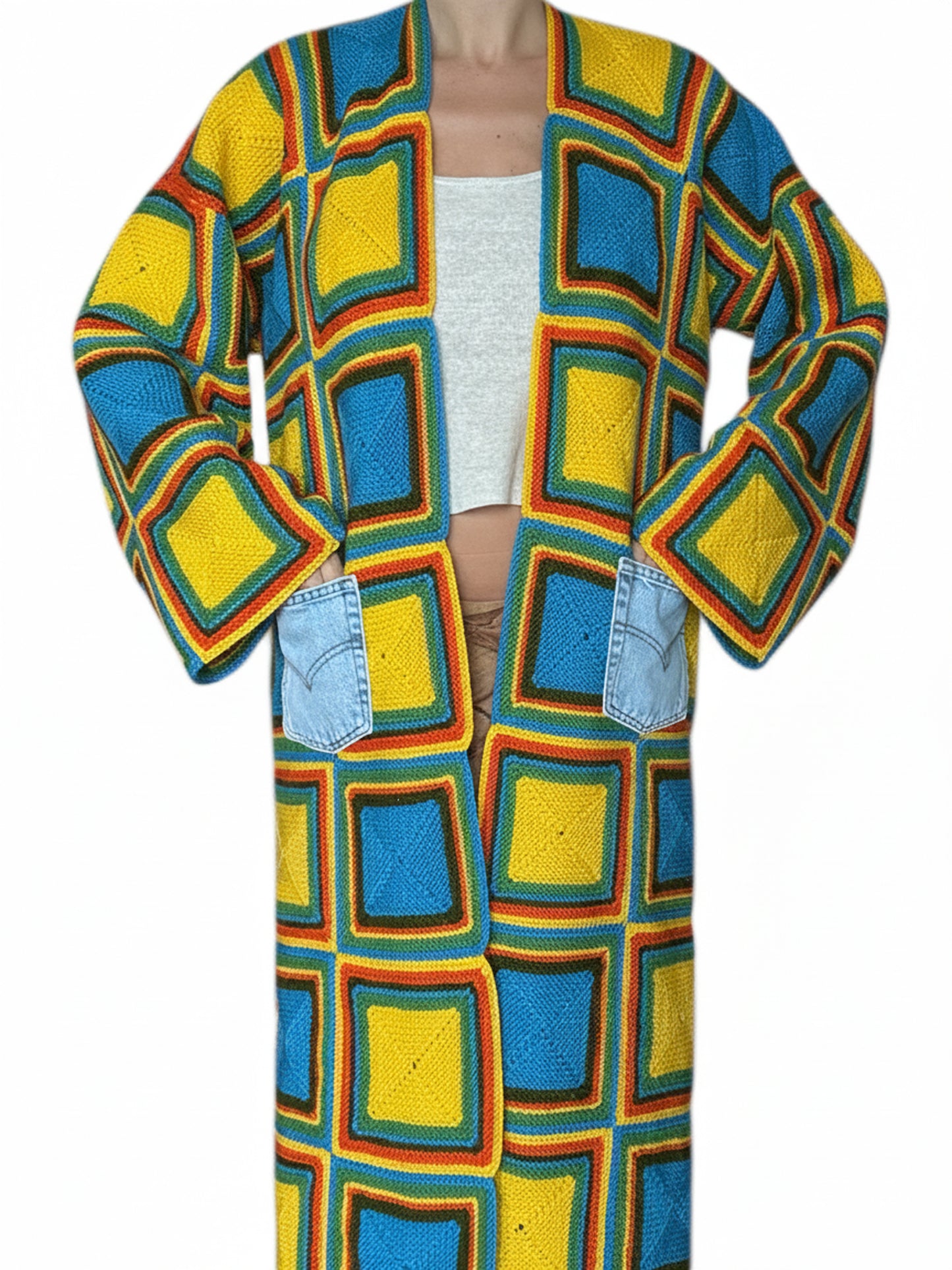 Maxi Colorful Cardigan with Denim Pockets