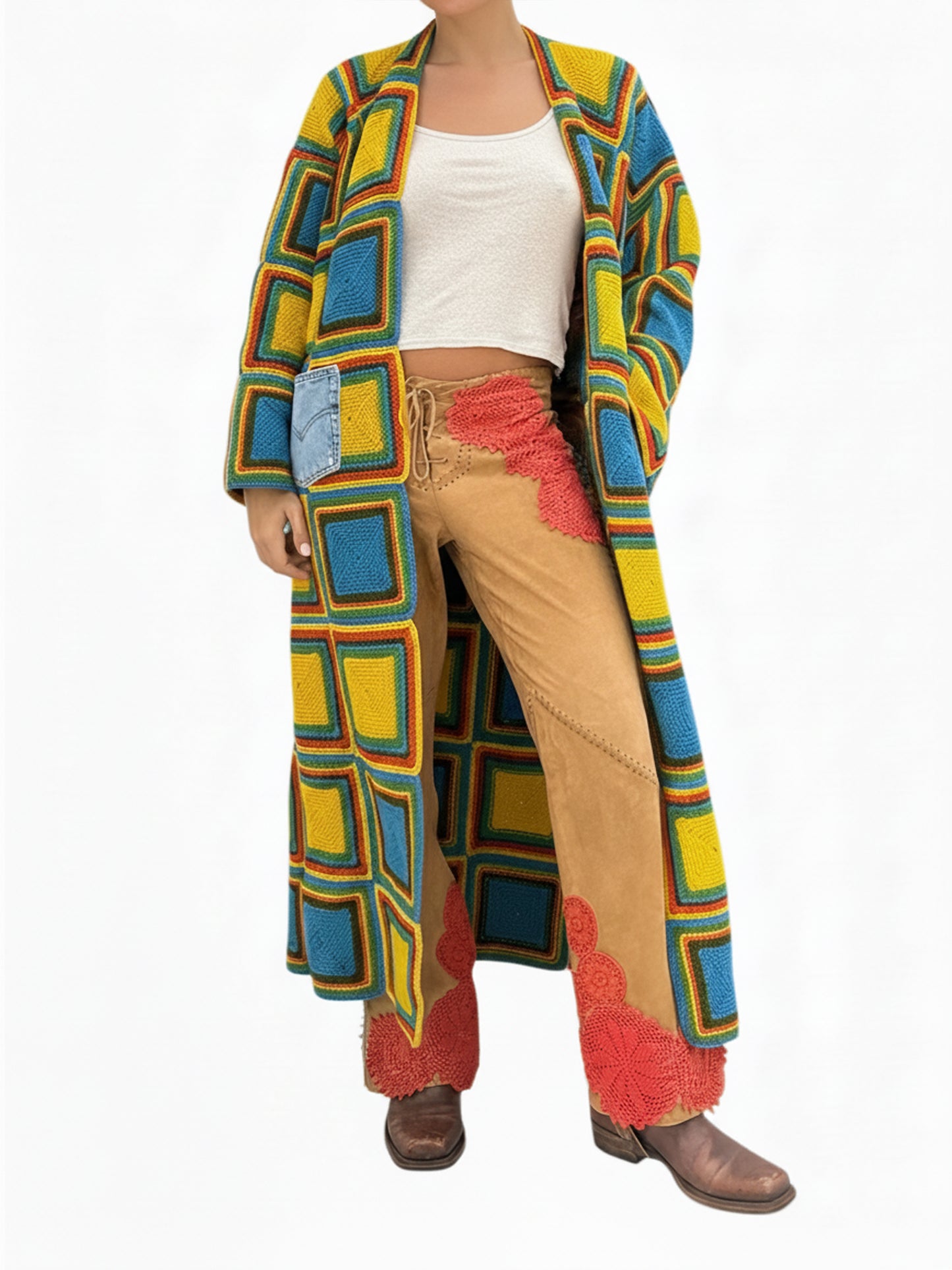 Suede Trousers with Coral Batik Crochet Panels