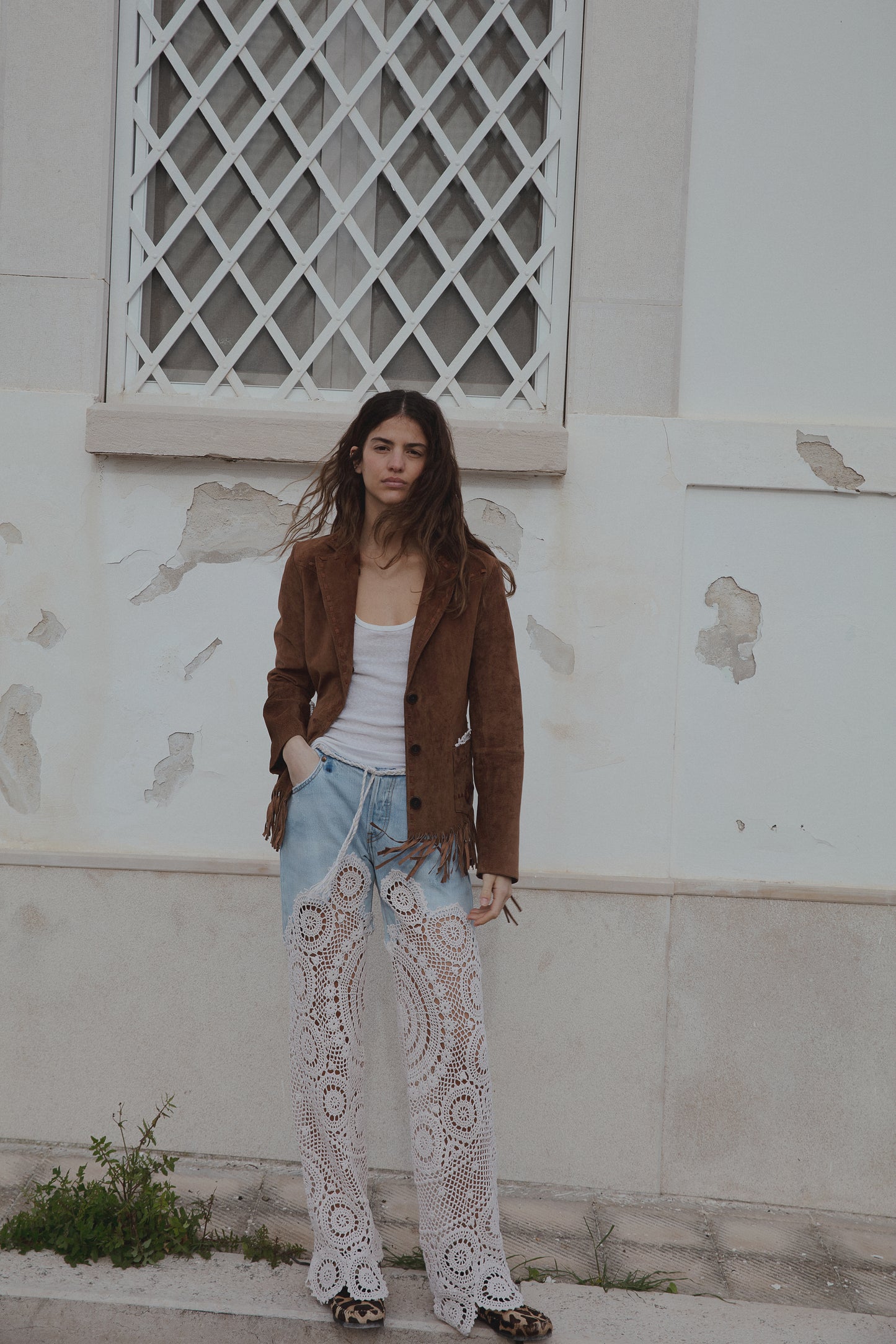 Denim and crochet trousers