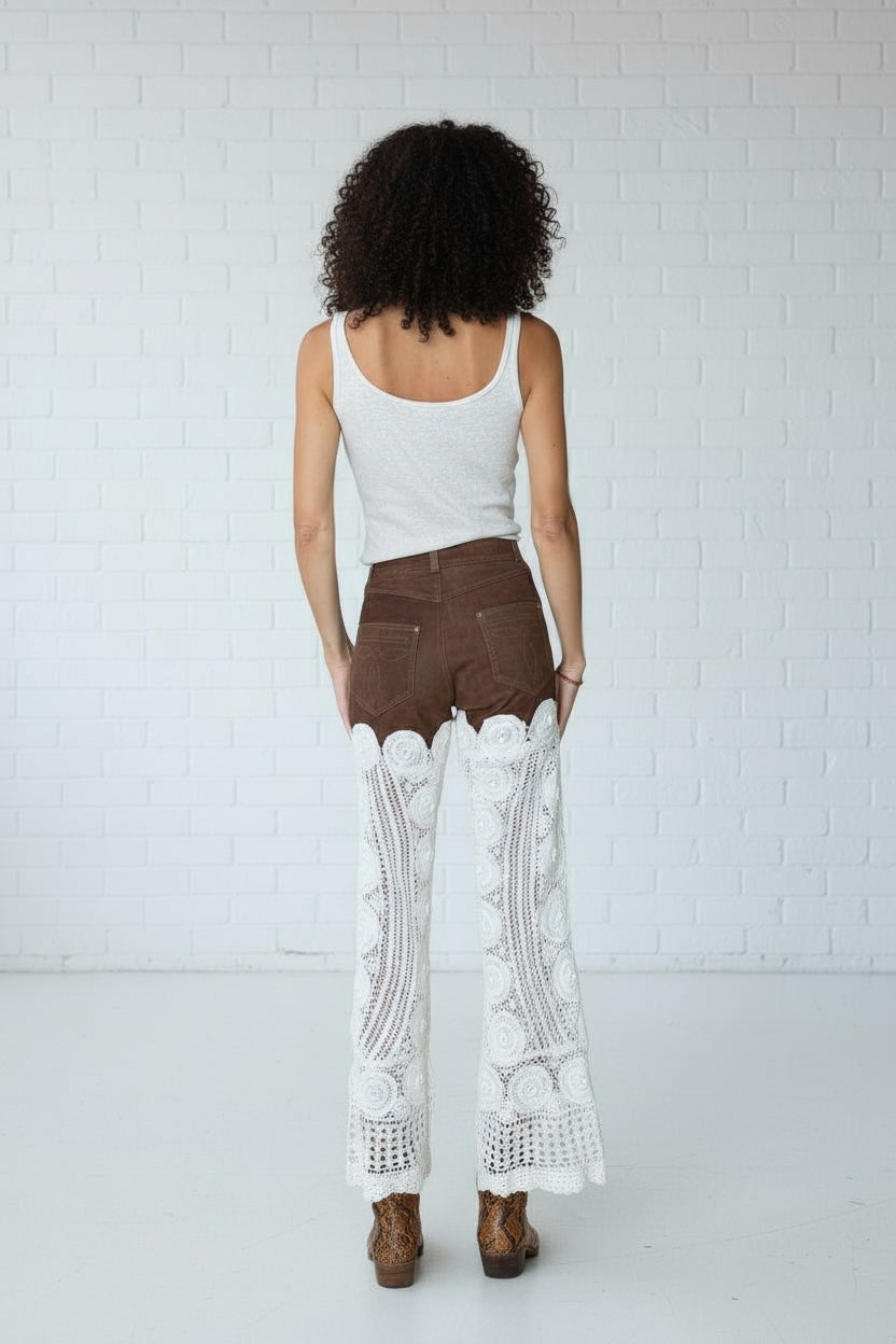 Brown leather and crochet trousers