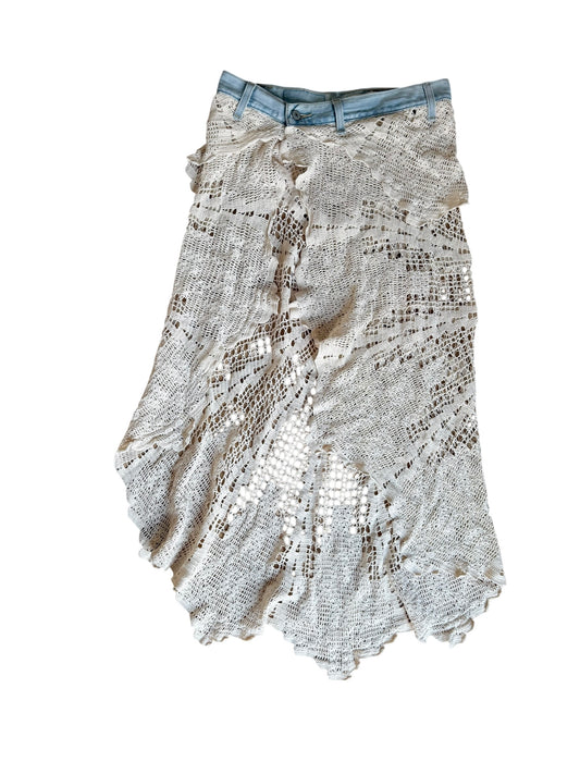 Crochet pareo skirt with denim belt