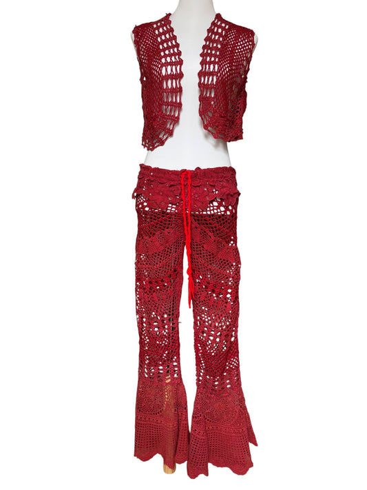 Crochet drawstring trousers in red