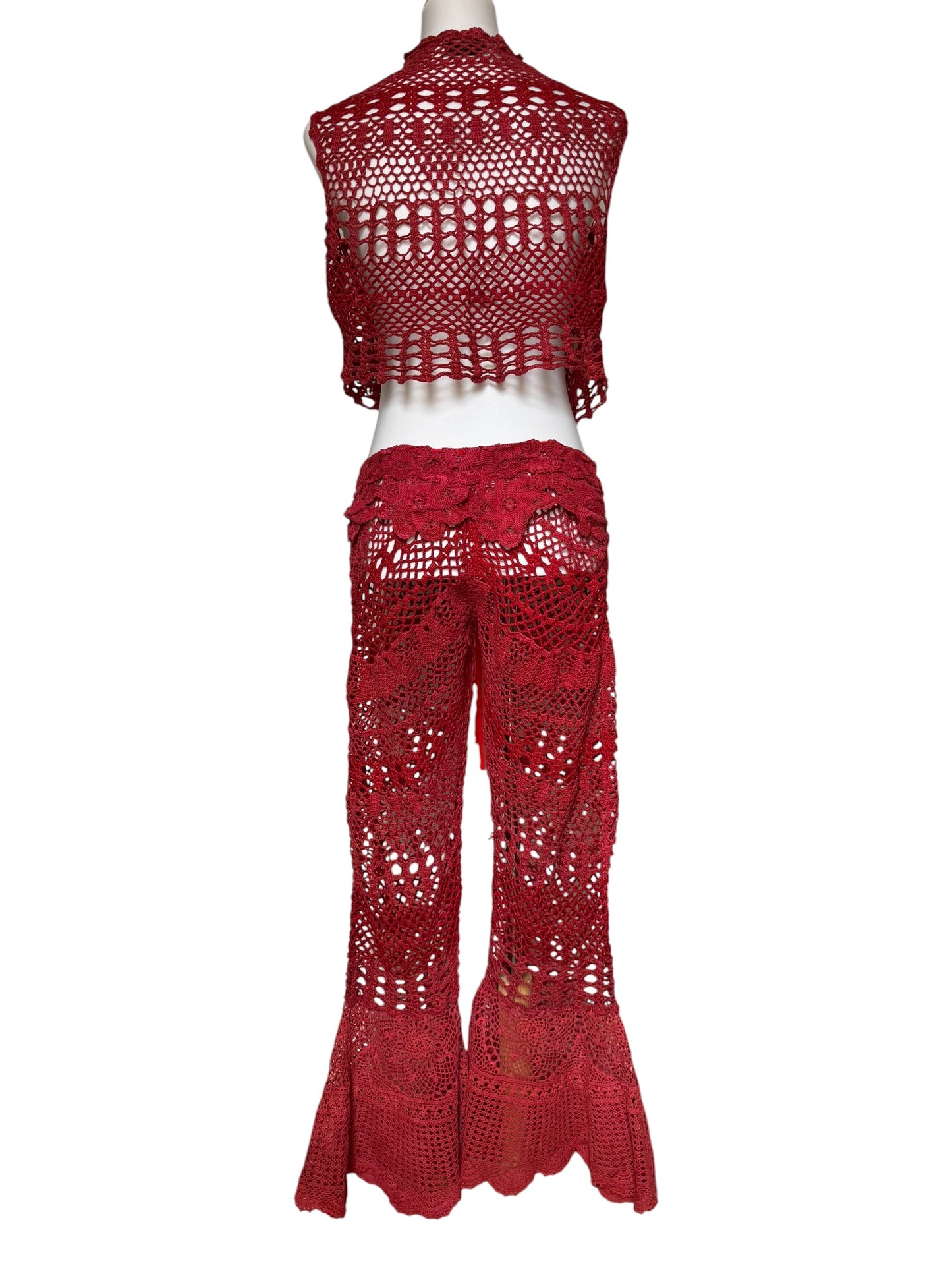 Crochet drawstring trousers in red