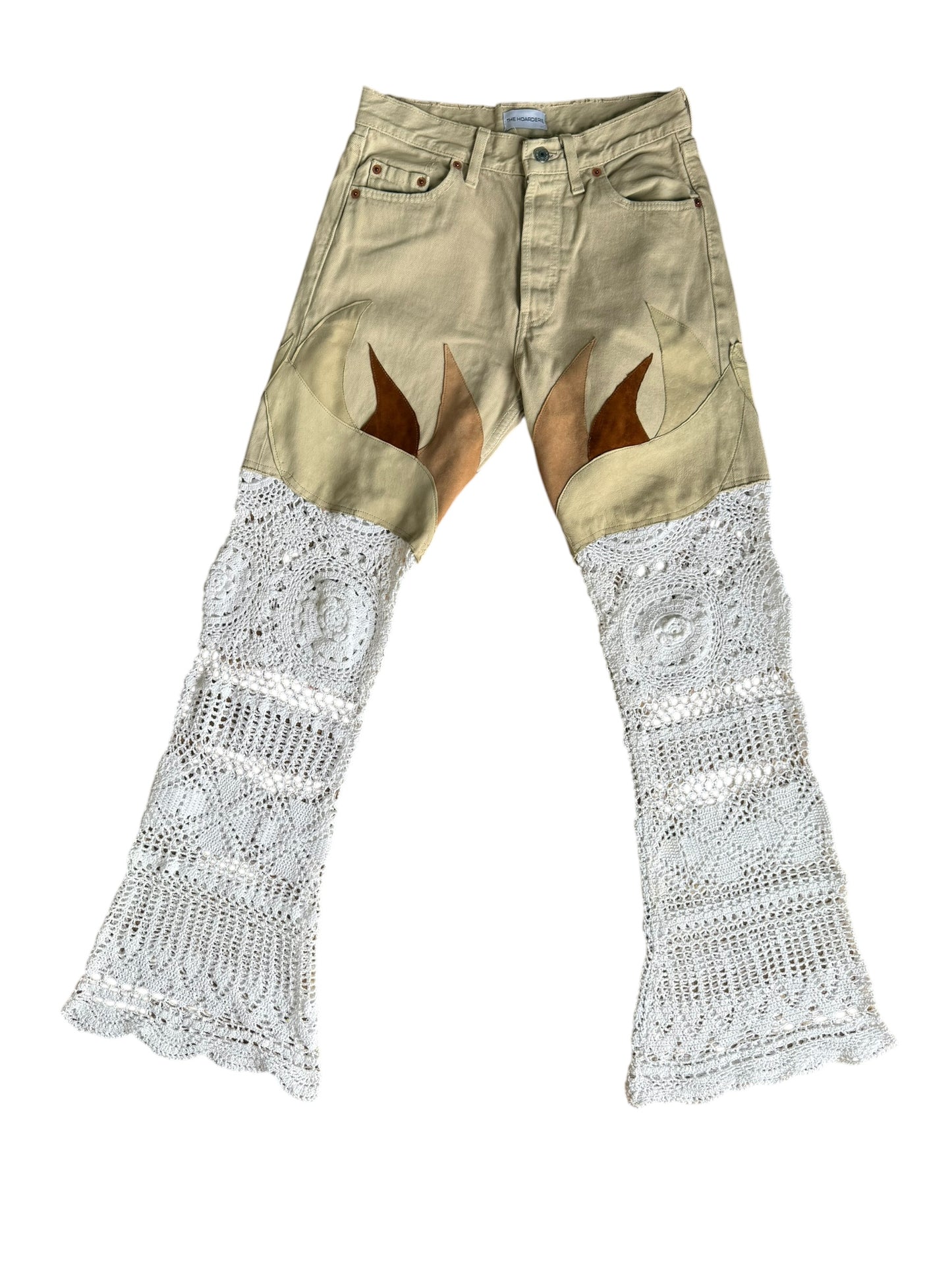 Flare denim in leather and crochet