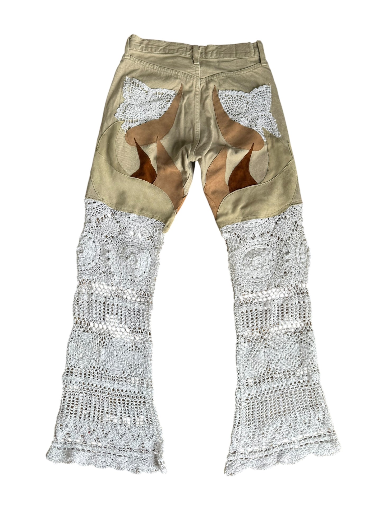 Flare denim in leather and crochet