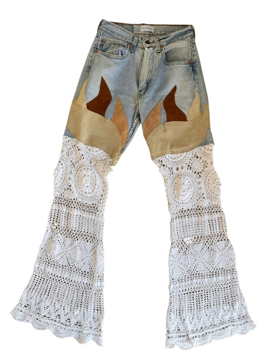 Flare denim in leather and crochet