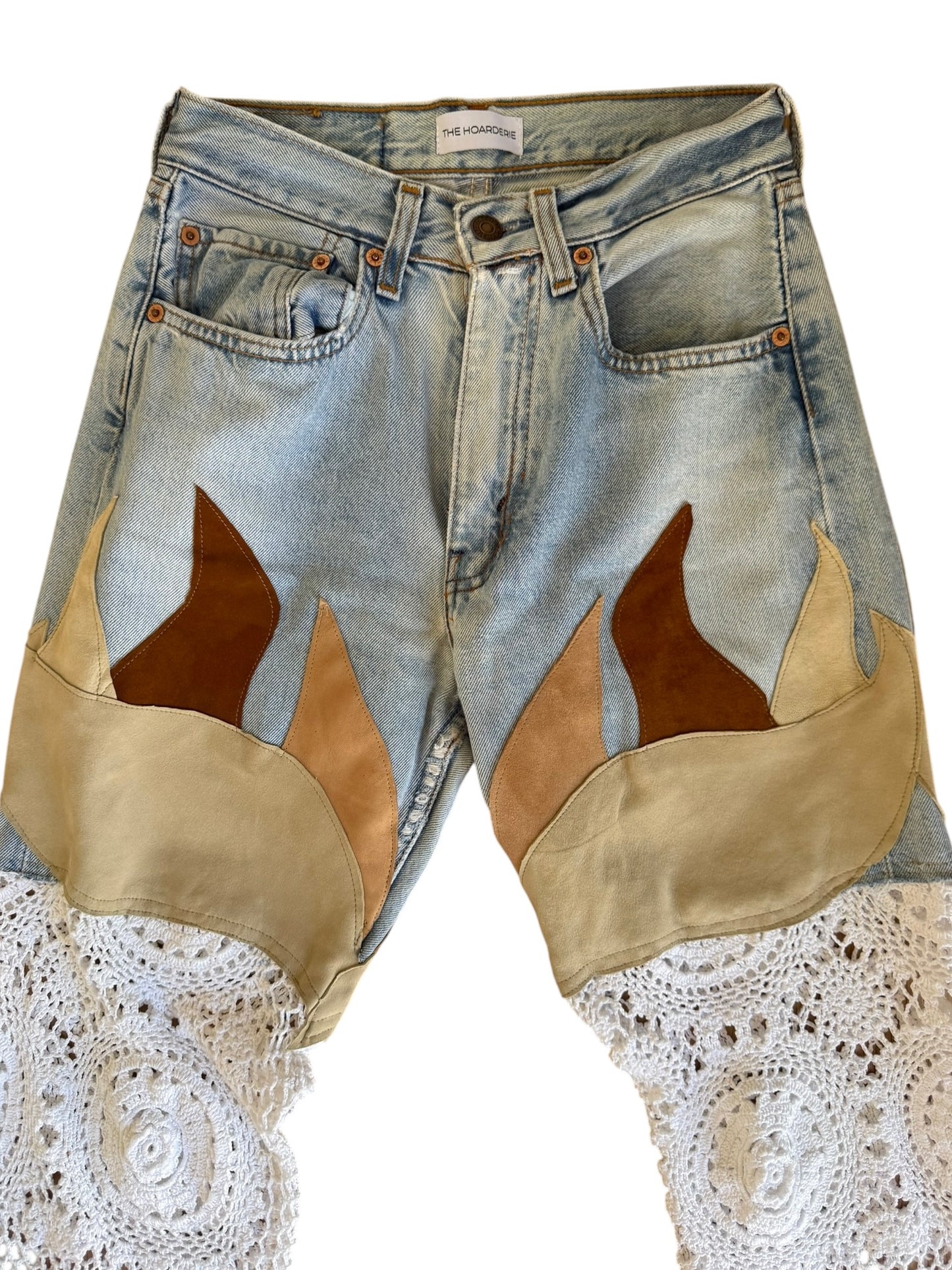 Flare denim in leather and crochet