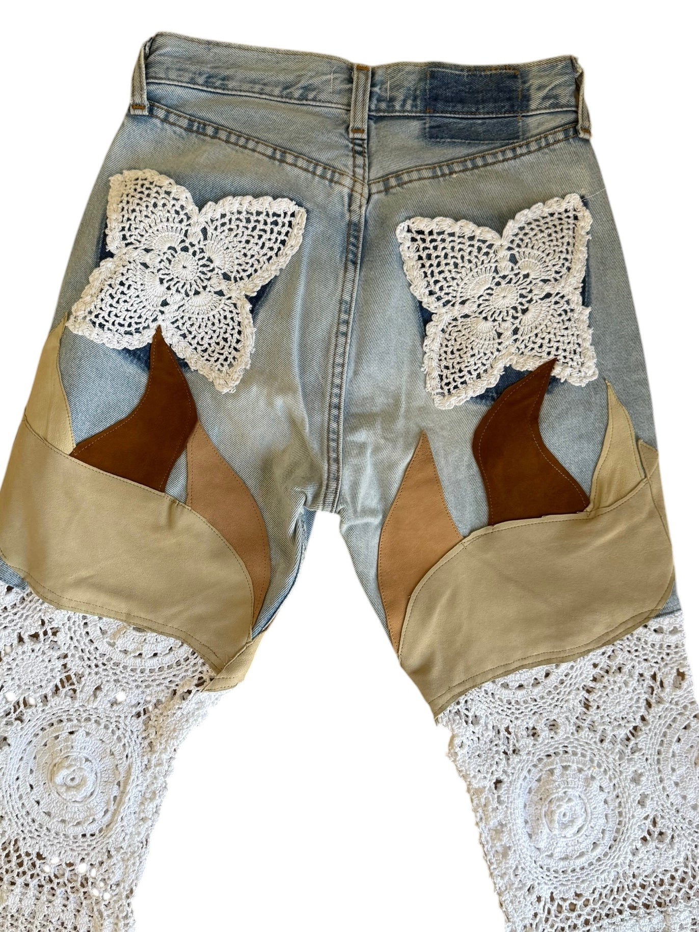 Flare denim in leather and crochet