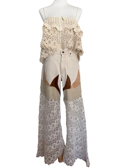 Flare denim in leather and crochet