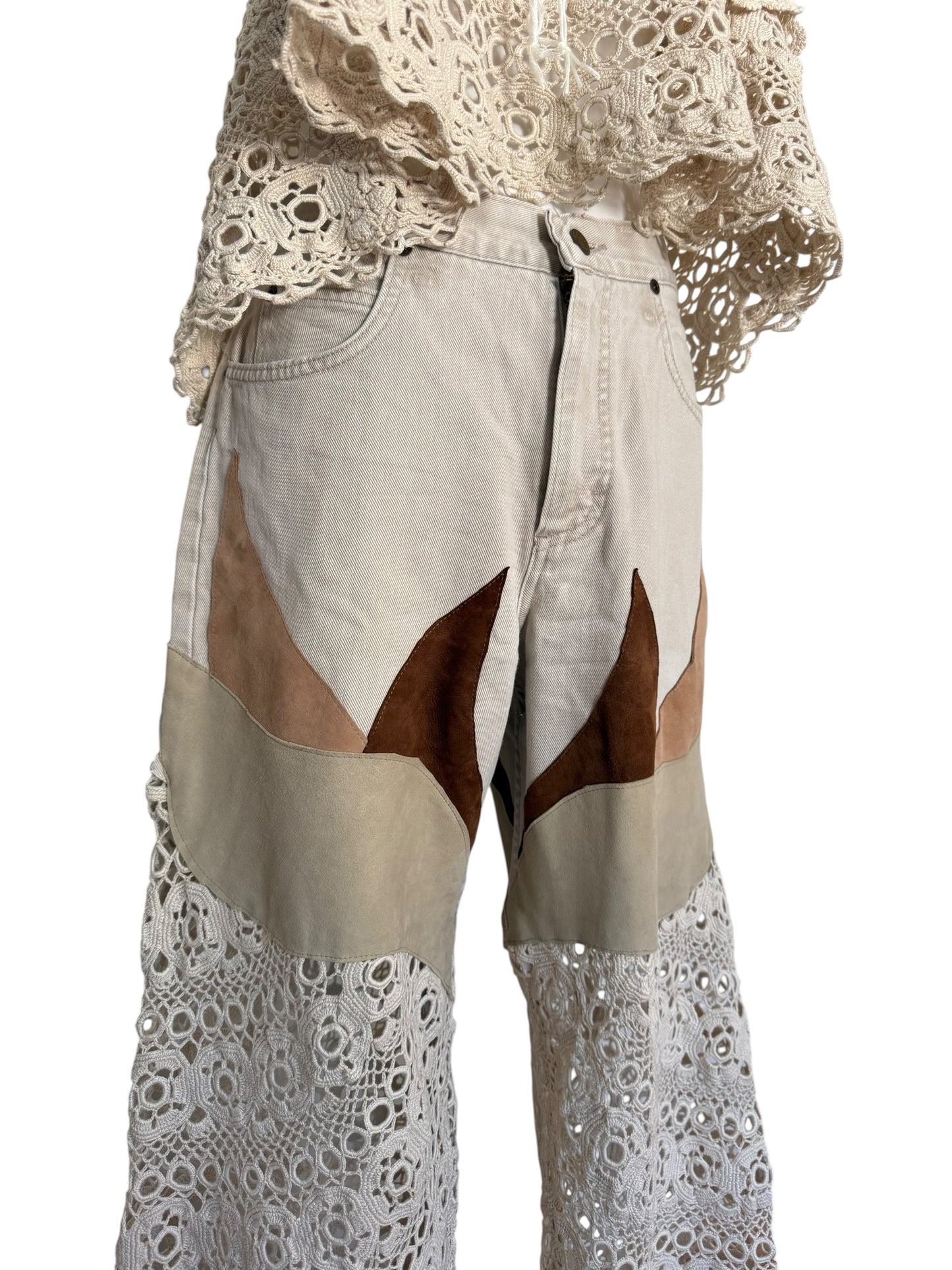 Flare denim in leather and crochet