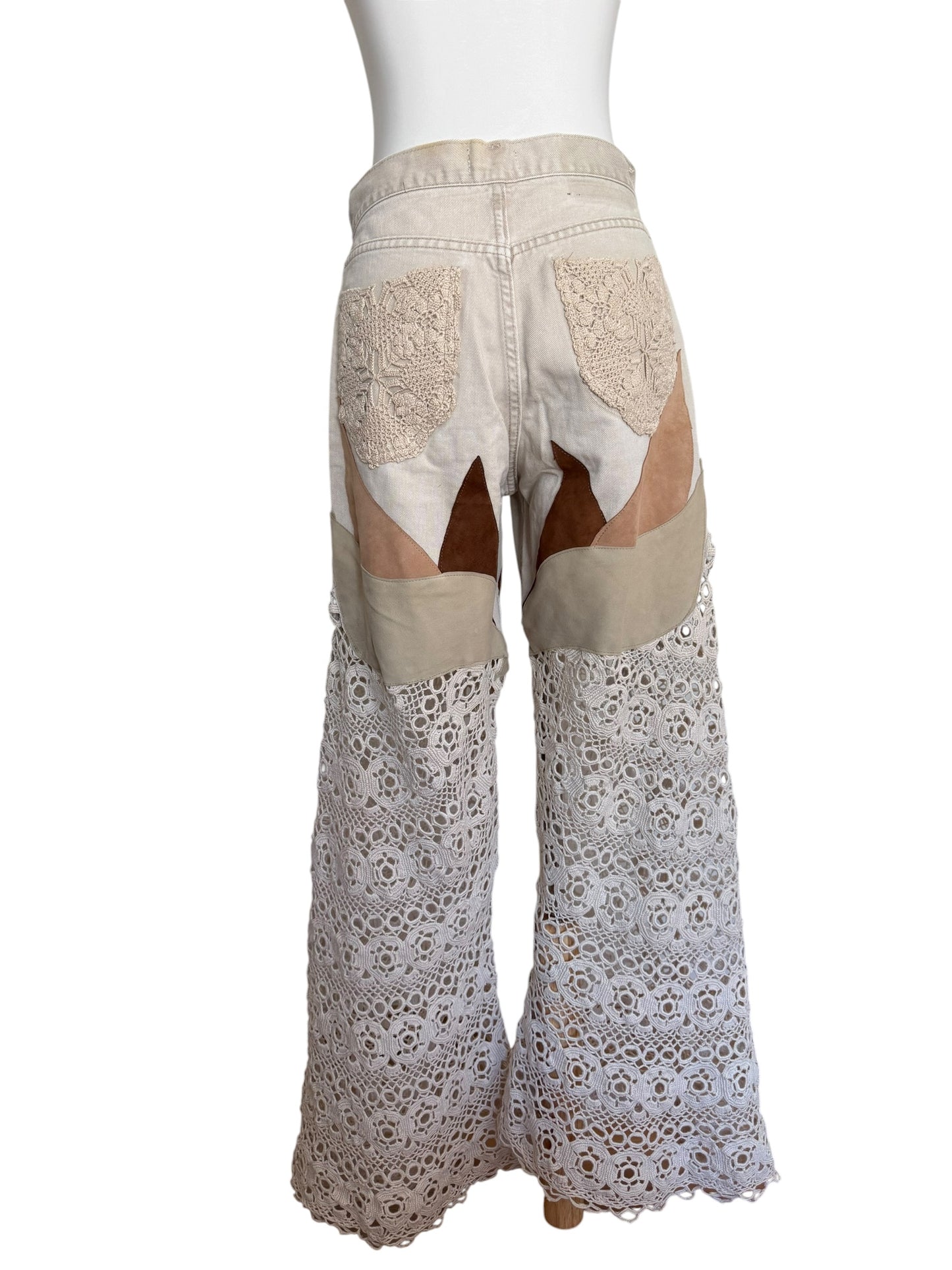 Flare denim in leather and crochet
