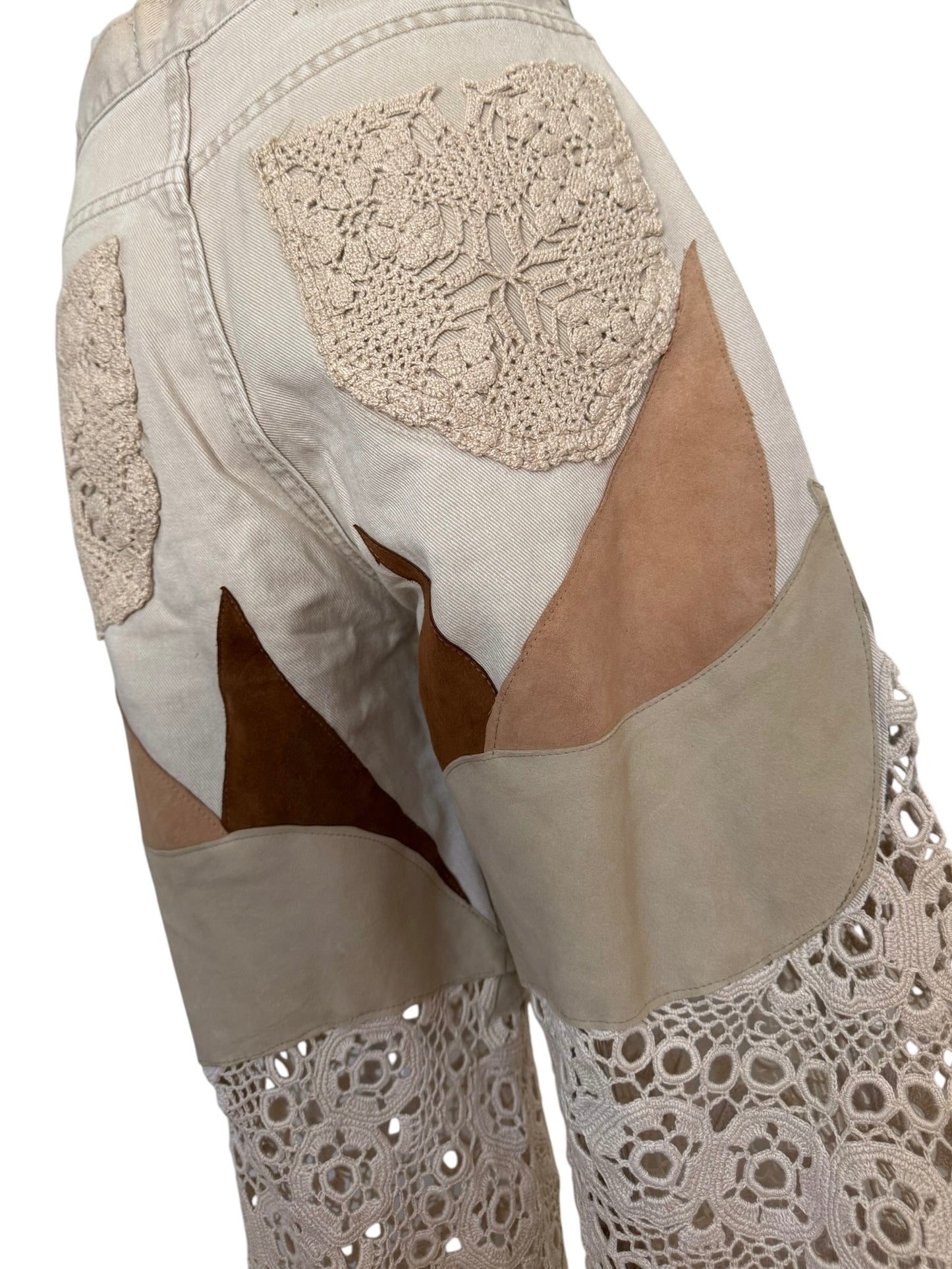 Flare denim in leather and crochet