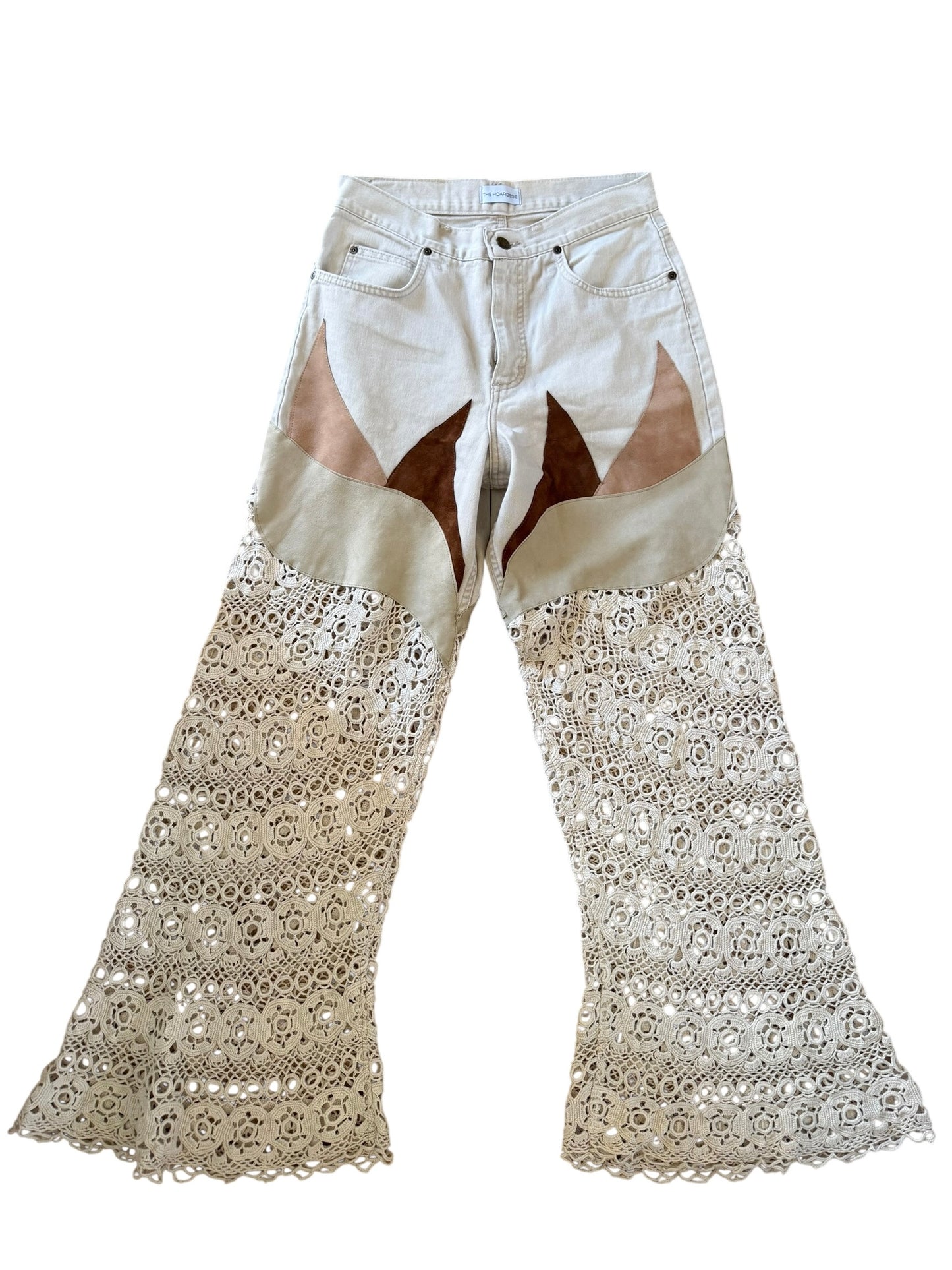 Flare denim in leather and crochet