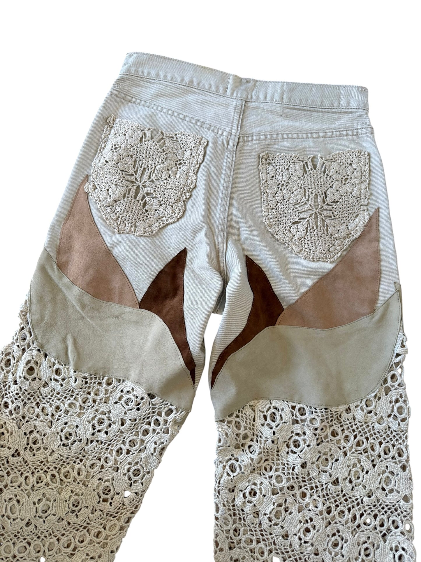 Flare denim in leather and crochet