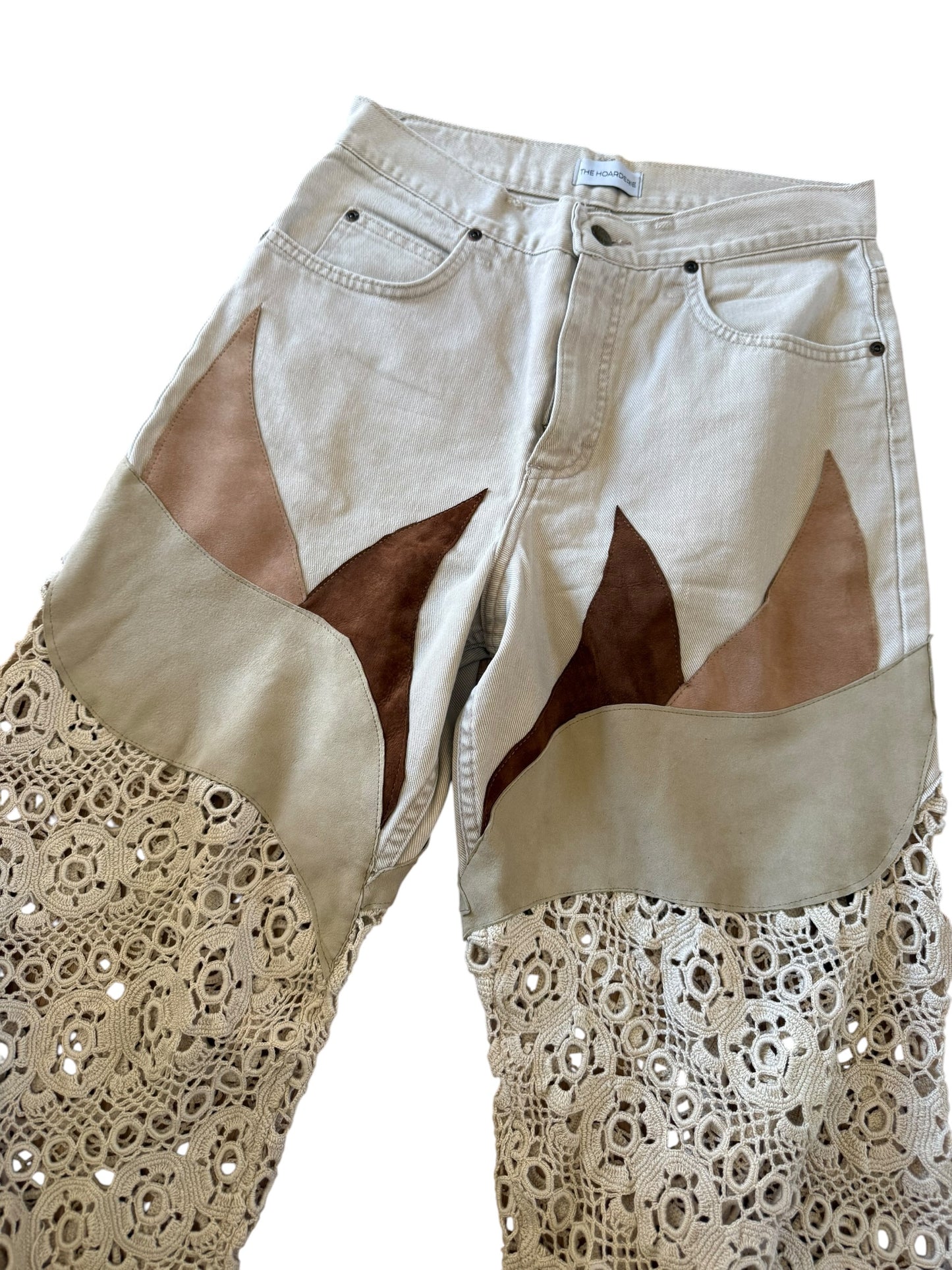 Flare denim in leather and crochet