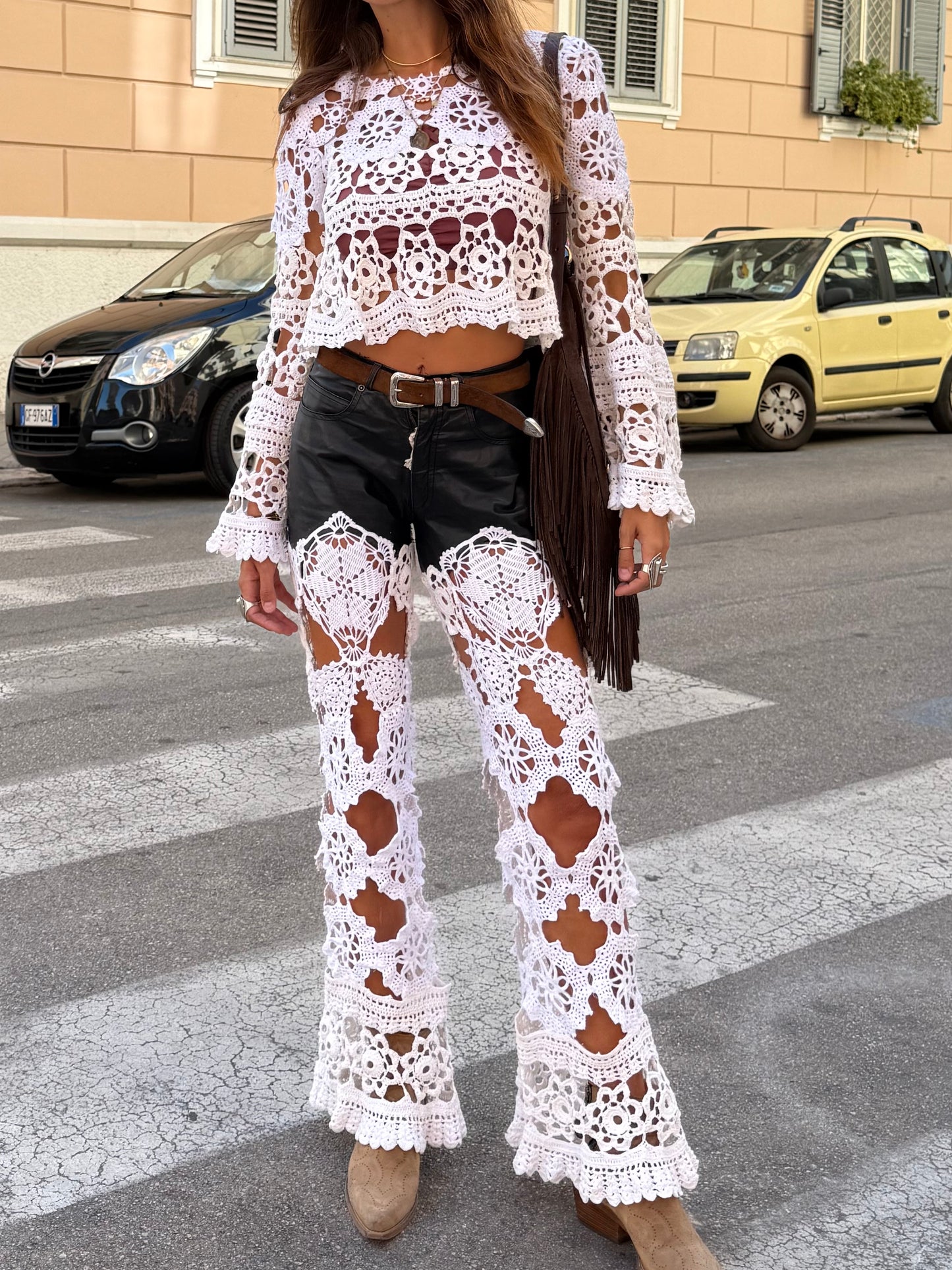 Leather and crochet trousers