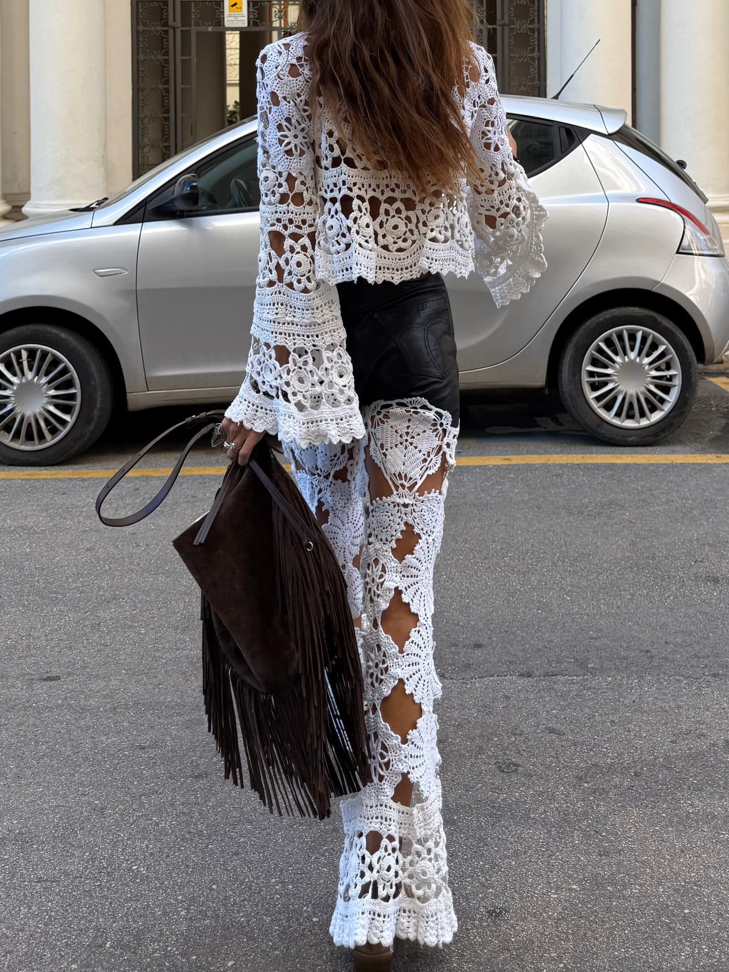 Leather and crochet trousers