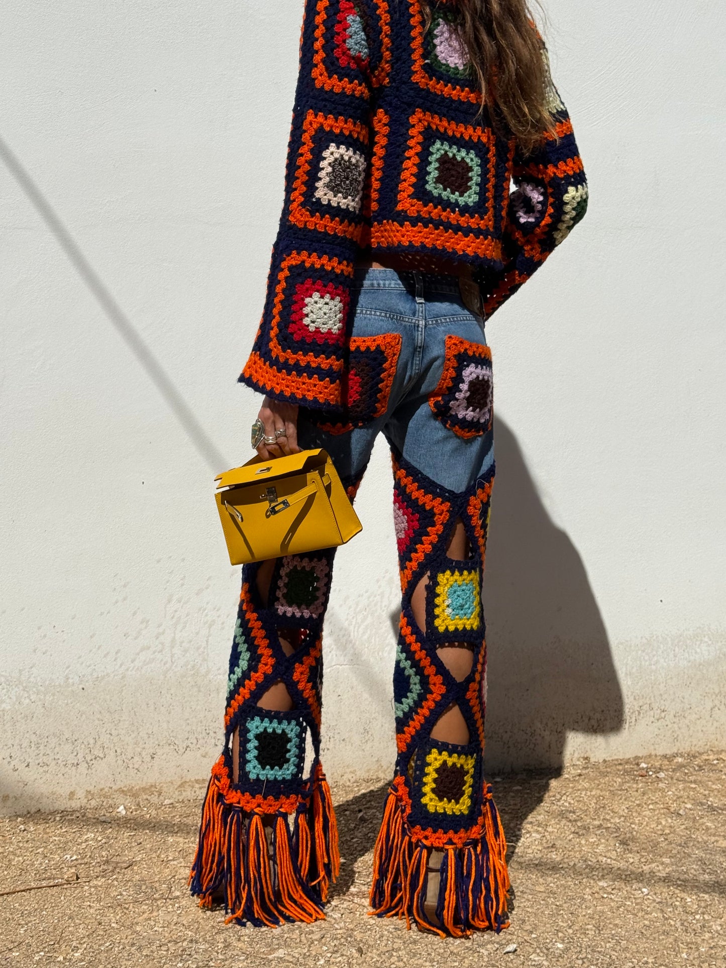 Multicolour denim and crochet trousers