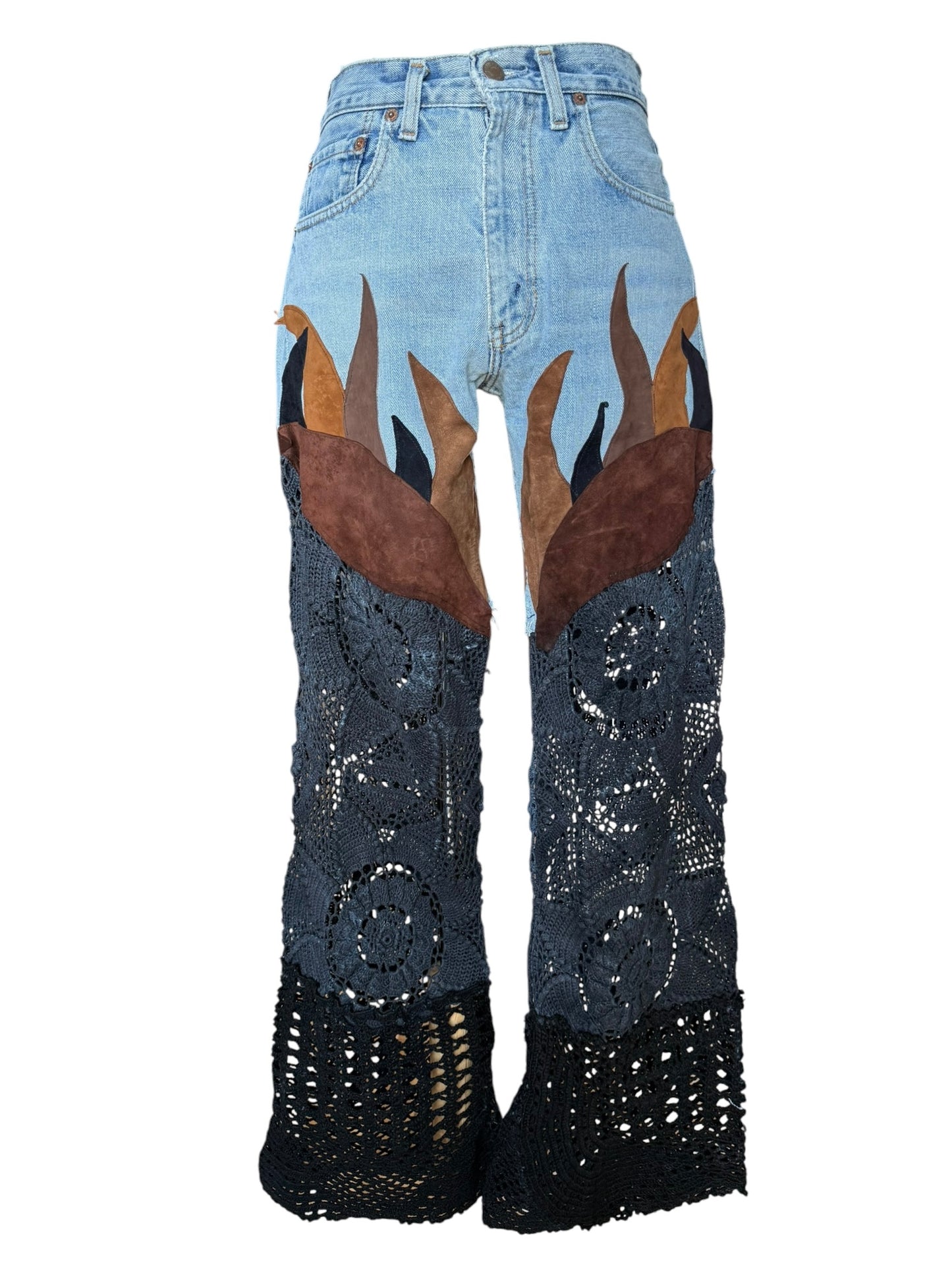 Flare denim in leather and black crochet