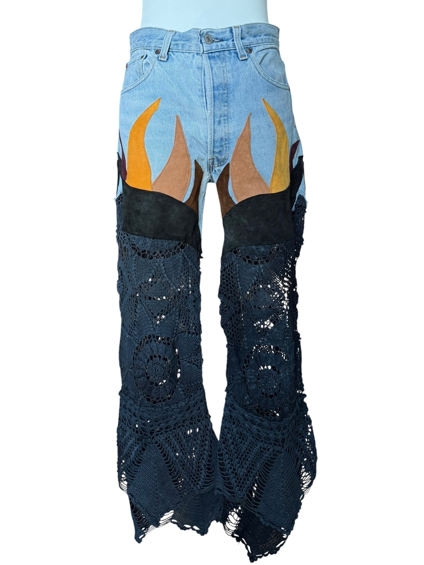 Flare denim in leather and black crochet